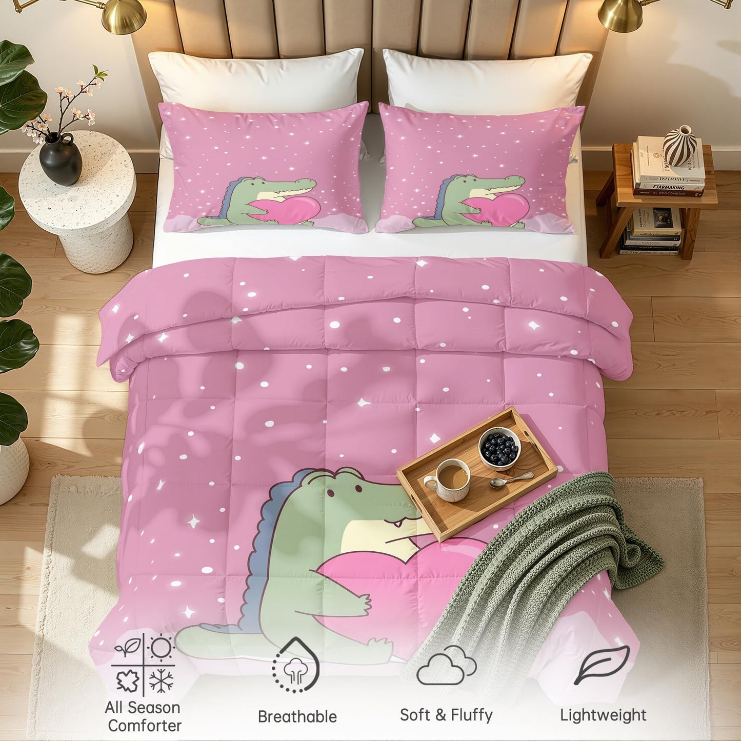 Alligator Comforter Set Twin Size 2 Pcs - All Season Comforter & Pillowcase, Crocodile Bedding Set, Soft Lightweight Down Alternative Duvet Insert, Girls Pink Valentines Day Bedroom Decor