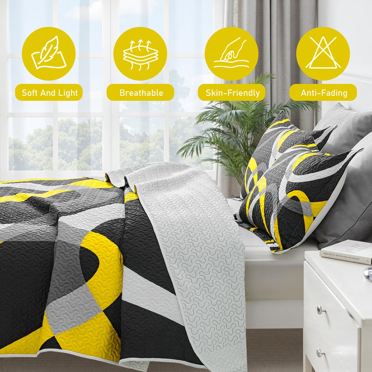 weesire Black and Yellow Bedding Quilt King Size with 2 Shams, Modern Stripe Comforter Sets Classic Line Pattern Bedspreads Grey and Yellow Coverlet, 96''x106''