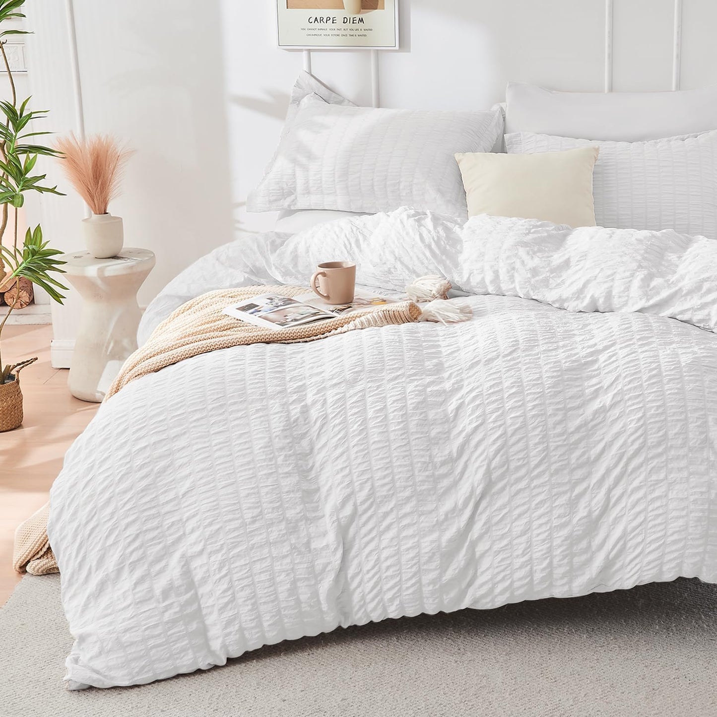 HYMOKEGE White Twin Comforter Set Seersucker 5 Pieces, All Season Luxury Bed in a Bag for Bedroom, Bedding Set with Comforters, Sheets, Pillowcase & Sham