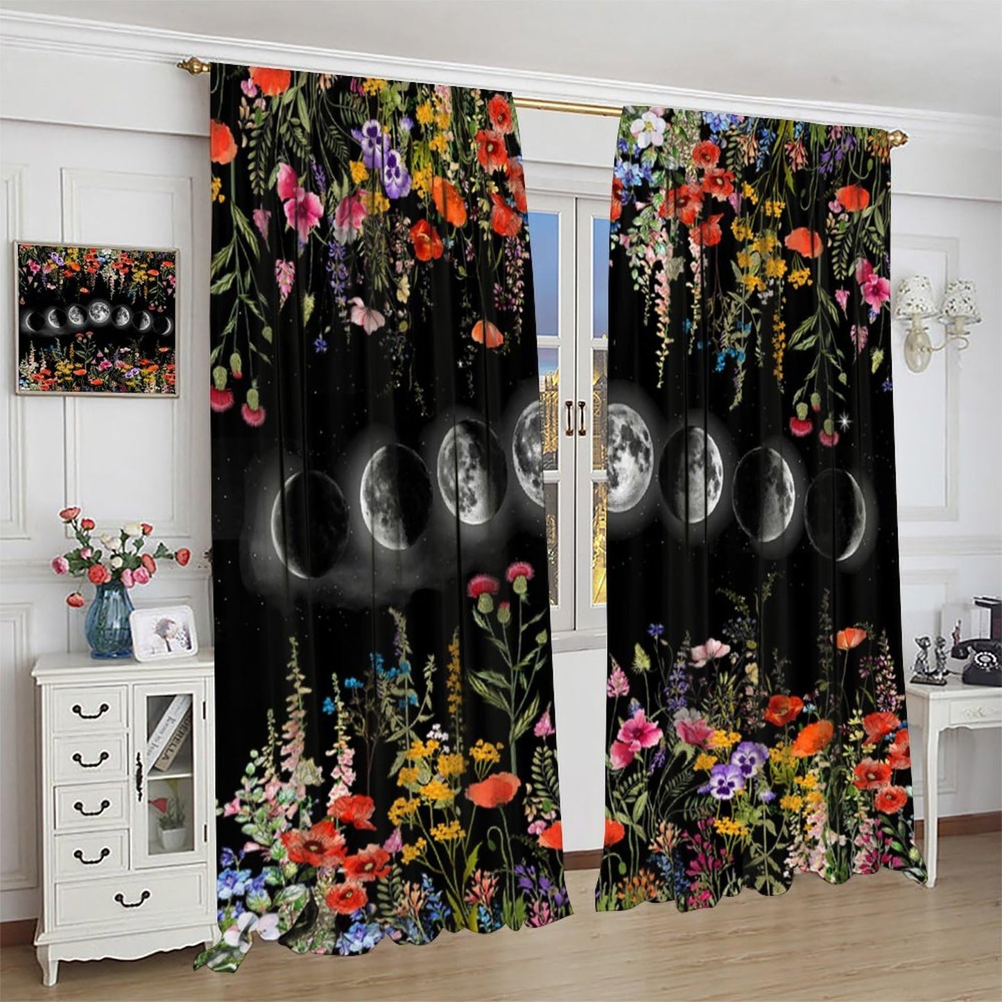 Moonlit Boho Floral Curtains,Garden Moon Phase Plants Flowers Village Art Print Window Drapes for Bedroom Living Room Kitchen Cafe （W20xL45 Inch） x2 Decor