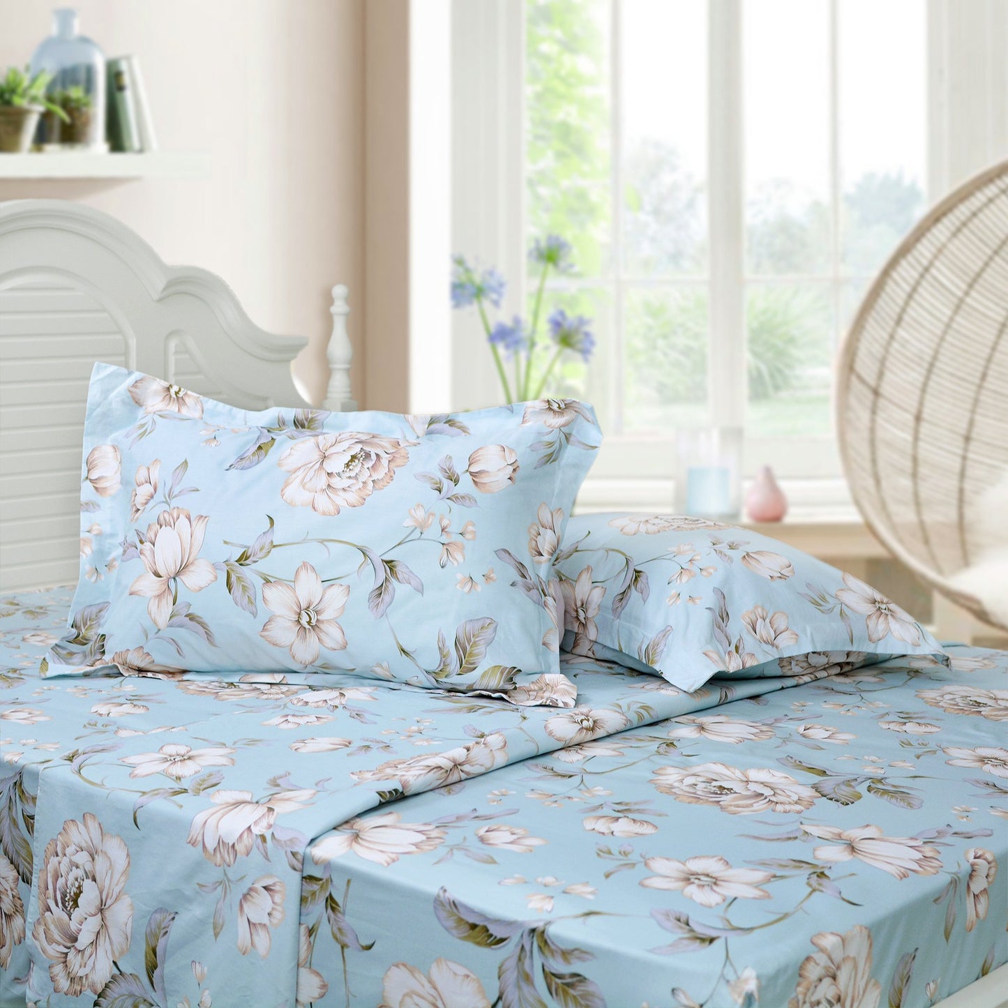 FADFAY Shabby Floral Bed Sheet Set Farmhouse Bedding Blue Cotton Winter Bedding Deep Pocket Sheets 4-Piece King Size