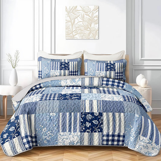 AILONEN Queen Size Blue Patchwork Quilted Comforter Set 3 Piece, Farmhouse Floral Bedspread Coverlet, Soft Cottage Quilt Bedding with 2 Pillowcases
