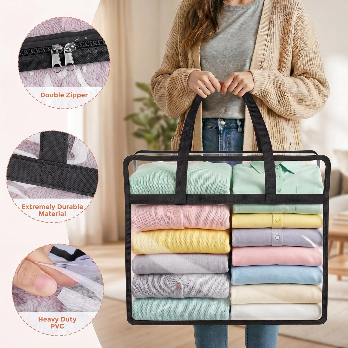Budding Joy 6 Pack Clear Zippered Storage Bags for Clothes,40L Closet Organizers and Storage Containers Vinyl Moving Bag for Bedding, Linen, Blankets, Comforters, Clothing & Toys, Black