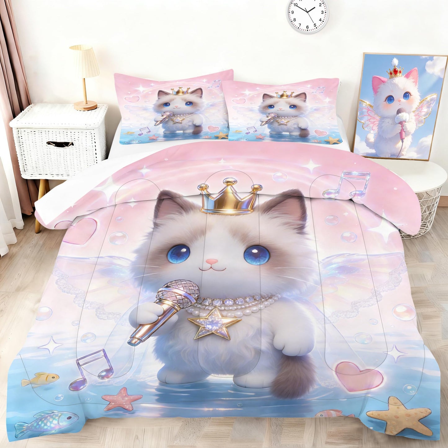 VTKON 3D Cat Bedding Set Twin Size for Girls Kids Teens Soft Kitten Pink Blue Comforter Set Cute Ragdoll Cat Print Pattern Bed Set Singing Angel Animal Quilt Set with 1 Comforter + 1 Pillow Case