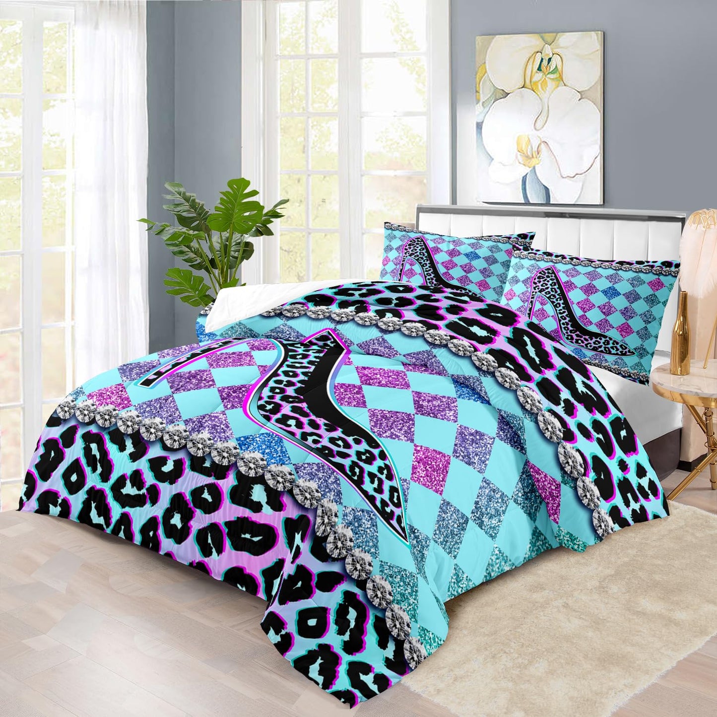 llyxsesty Rainbow Cheetah Print Comforter Set King Girls Sexy High Heels Leopard Print Bedding Set Women High Heels Leopard Comforter Quilt Bedroom Decor Animal Cheetah Bedding Bed Decor