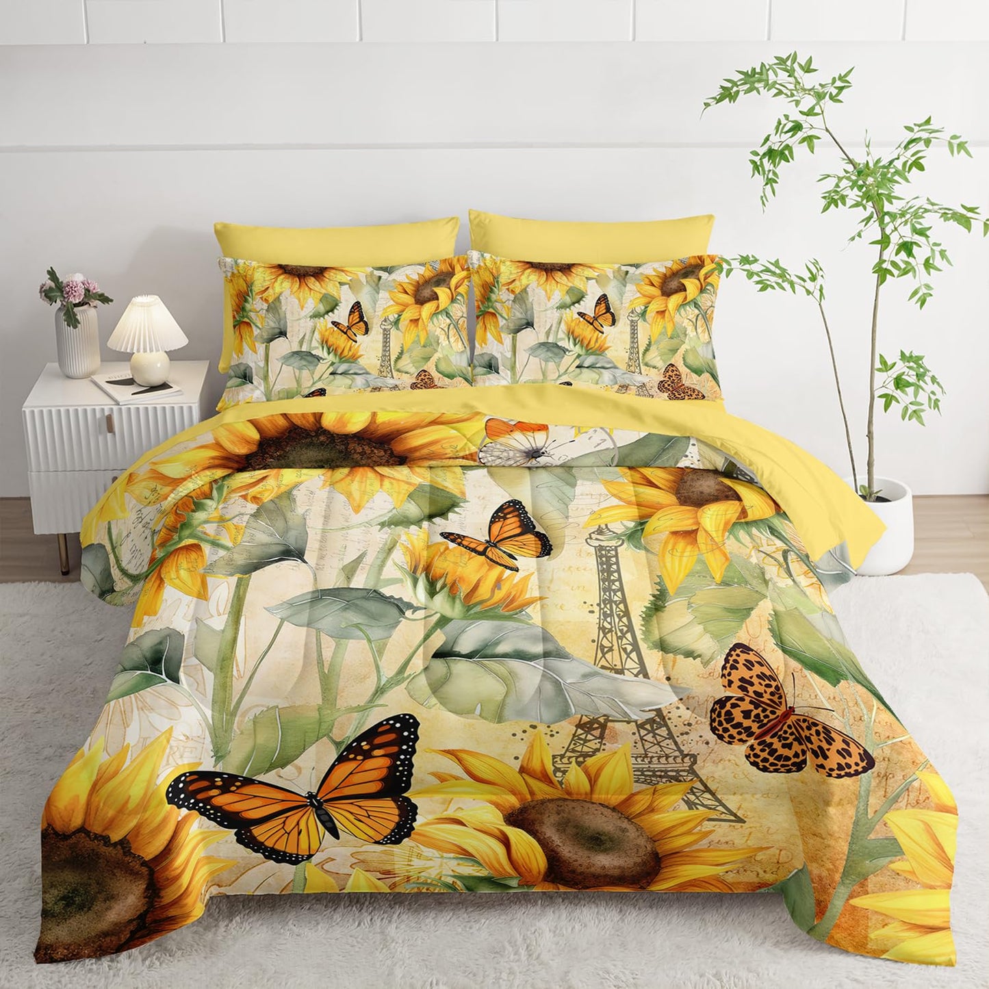 AILONEN 7-Piece,Sunflower Comforter Set for Kids Girls,Yellow Floral Botanical Bed in a Bag Twin Size,Eiffel Tower Butterfly Comforter & Fitted Sheet with Flat Sheet,2 Pillowcases,2 Pillow Shams