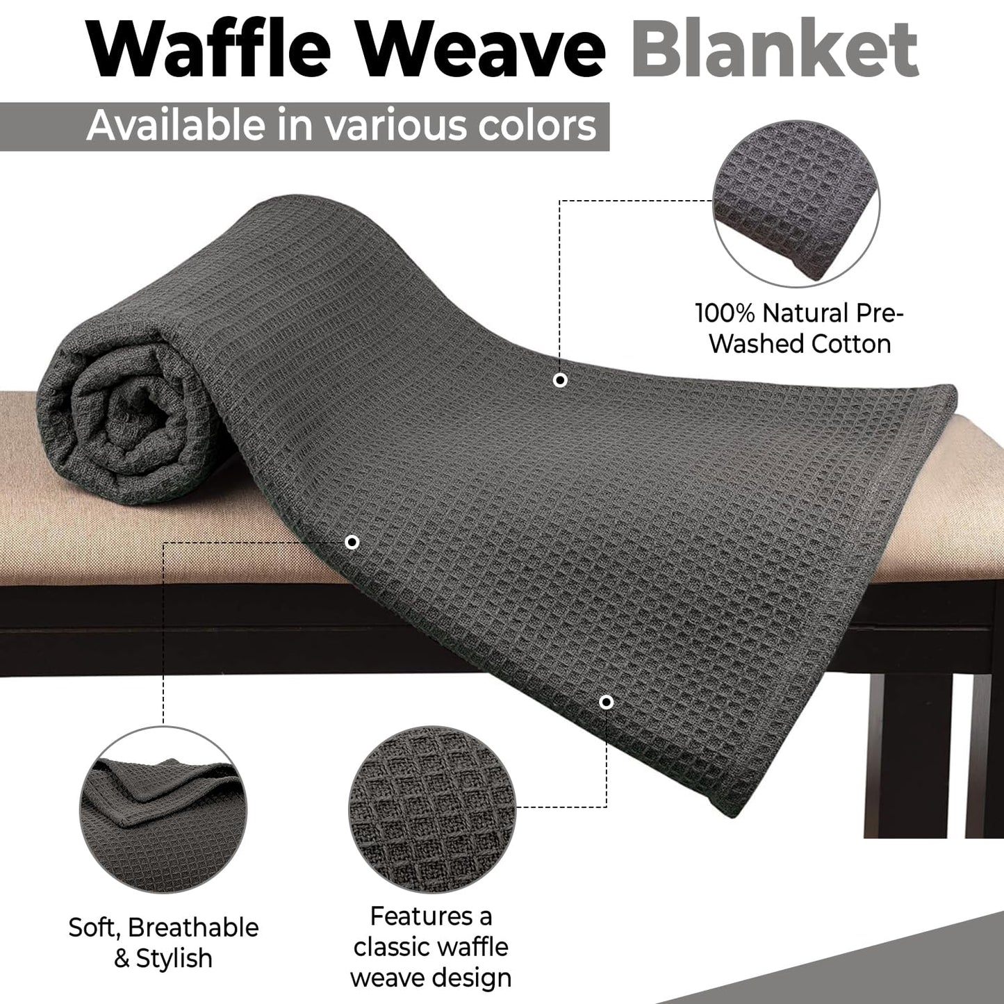 100% Cotton Blankets for Bed - Waffle Weave Blankets for Summer, Lightweight and Breathable Soft Woven Blanket for Spring (Dark Grey, Queen (90" x 90"))