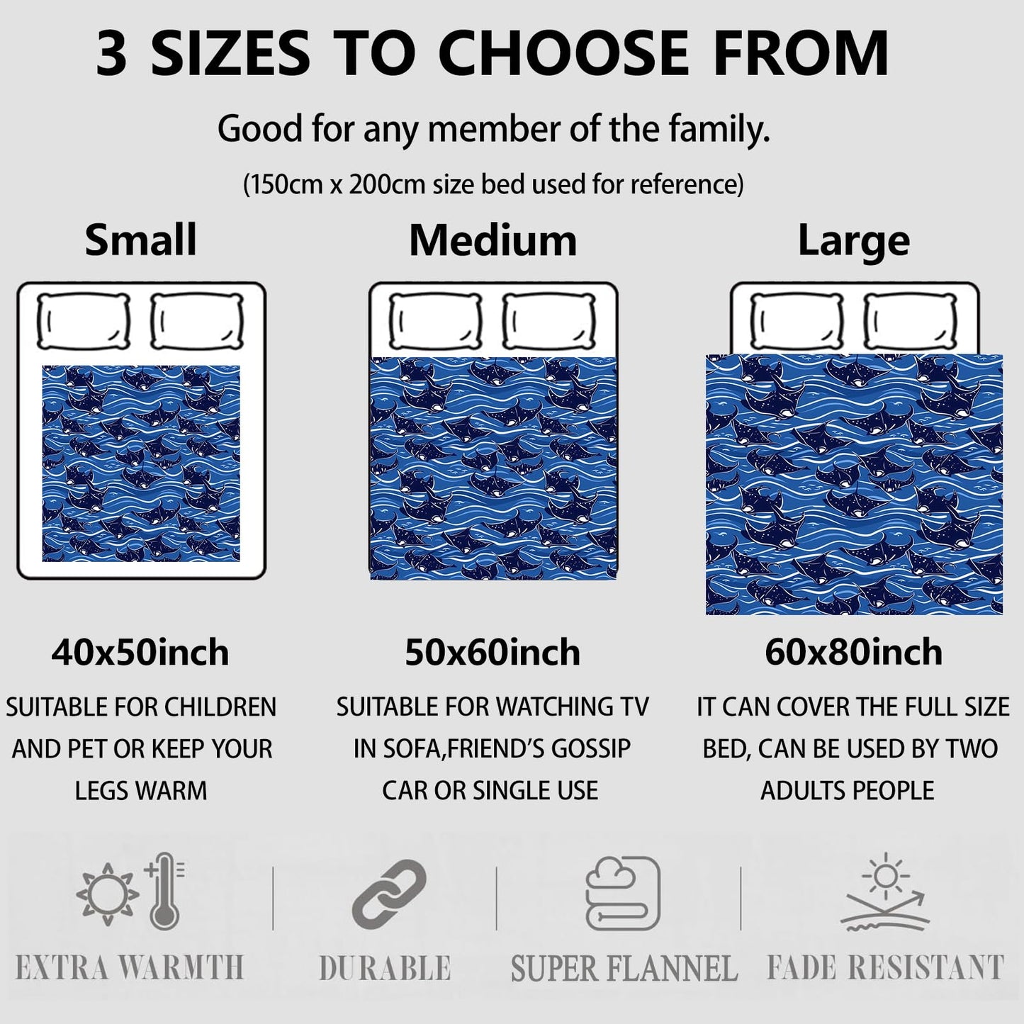 Aonimonis Oceanic Manta Ray Throw Blanket Gifts for Women, Soft Fuzzy Warm Cozy Flannel Blankets for Bedroom, Travel, Couch, Home Decor 50x60 in