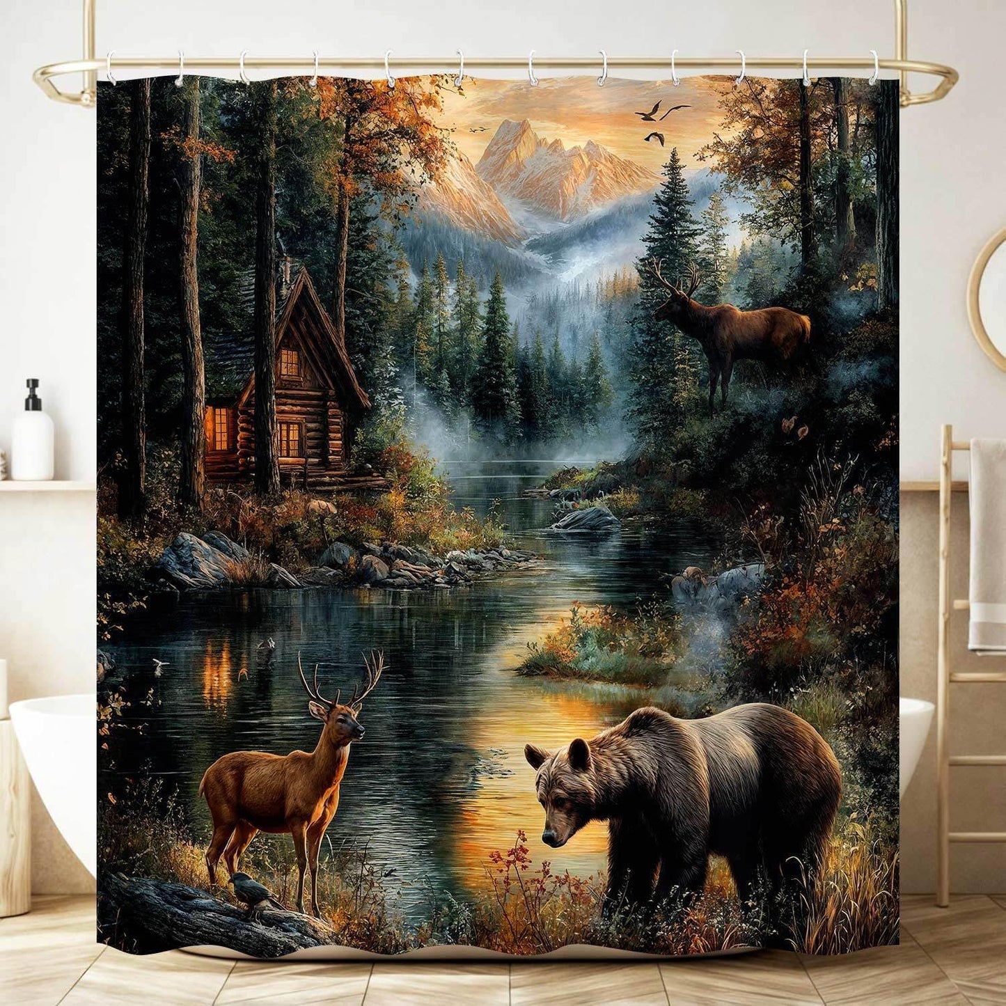 Dizifinn Rustic Shower Curain, Country Cabin Woodland Bear Moose Deer Bathroom Accessories, Farmhouse Hunting Camp Fabric Shower Curtains for Bathroom Decor, with Hooks 72x72 Inch