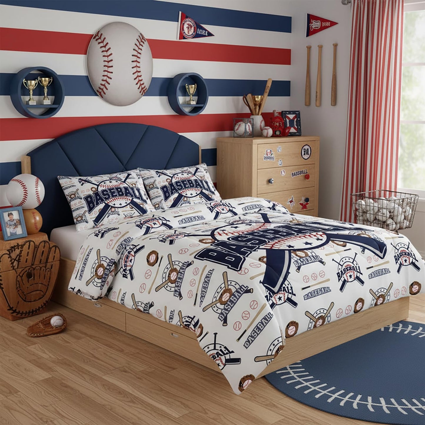 QOOMO 3Pcs Baseball Comforter Set Twin,Sports Bedding Set for Teens Boys Girls,Ball Printed Comforter with 2 Pillowcases,Down Alternative,Soft and Lightweight