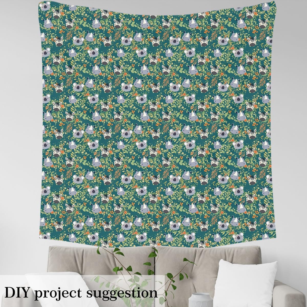 Cartoon Animals Fabric by The Yard Cute Zebra Koala Hippo Wildlife No Stretch Sewing Fabric Watercolor Green Leaves Jungle Soft Flannel Polyester Fabric for Home DIY Projects 1 Yard Pre-Cut,36"x59"
