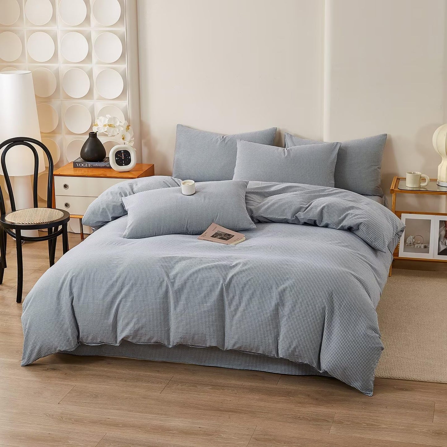 AMZTOP Soft Cotton King Size Duvet Cover Set 3 Pcs,1 Duvet Cover and 2 Pillowcases,100% Washed Cotton Blue Gingham Design Bed Set,Zipper Closure Comforter Covers King Size 104"×90"