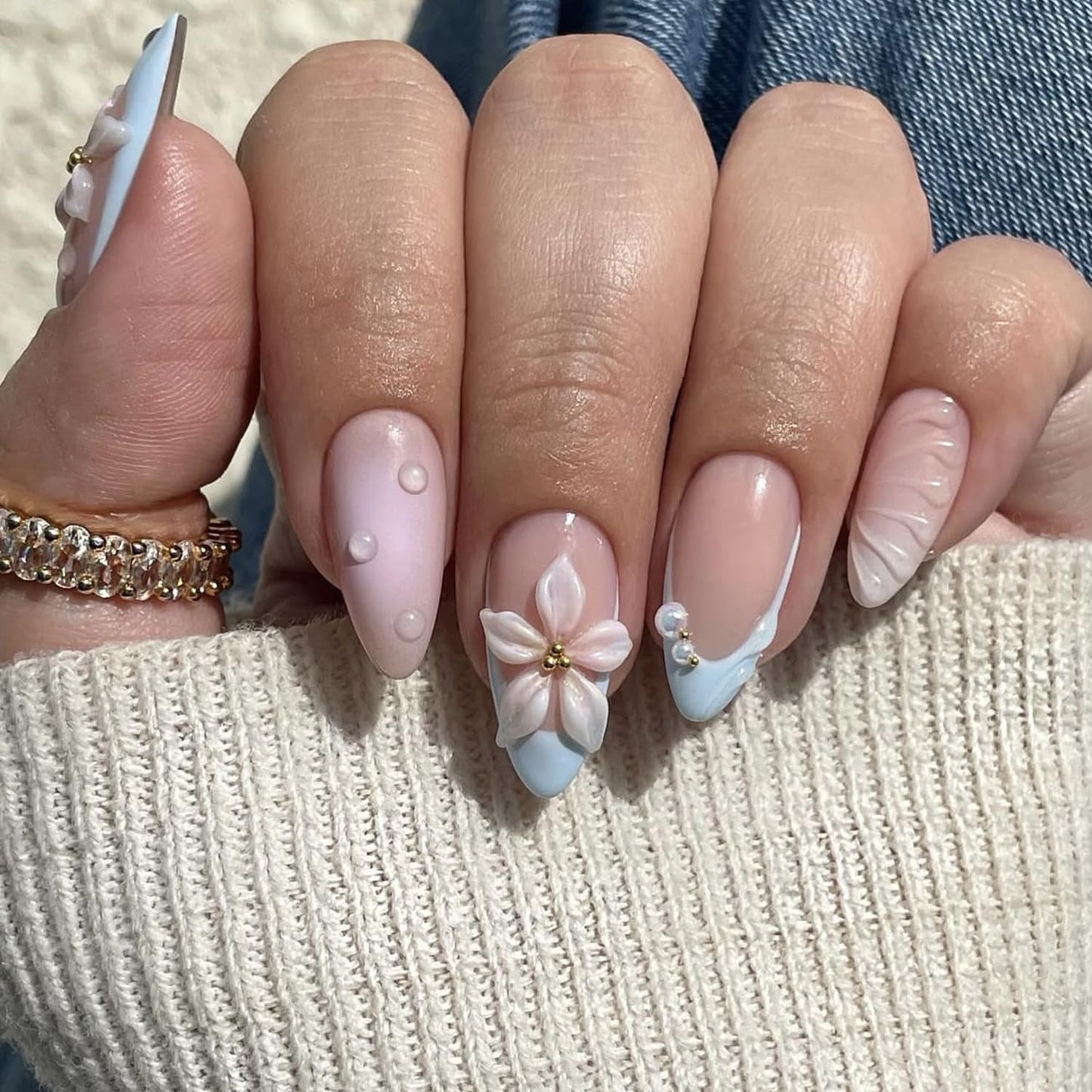 24Pcs Blue French Tip Press on Nails Almond Medium Fake Nails 3D Flower False Nail with Designs Full Cover Embossed Flower Nails Press ons Spring Summer Acrylic Nail for Women DIY Manicure Decoration