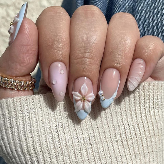 24Pcs Blue French Tip Press on Nails Almond Medium Fake Nails 3D Flower False Nail with Designs Full Cover Embossed Flower Nails Press ons Spring Summer Acrylic Nail for Women DIY Manicure Decoration