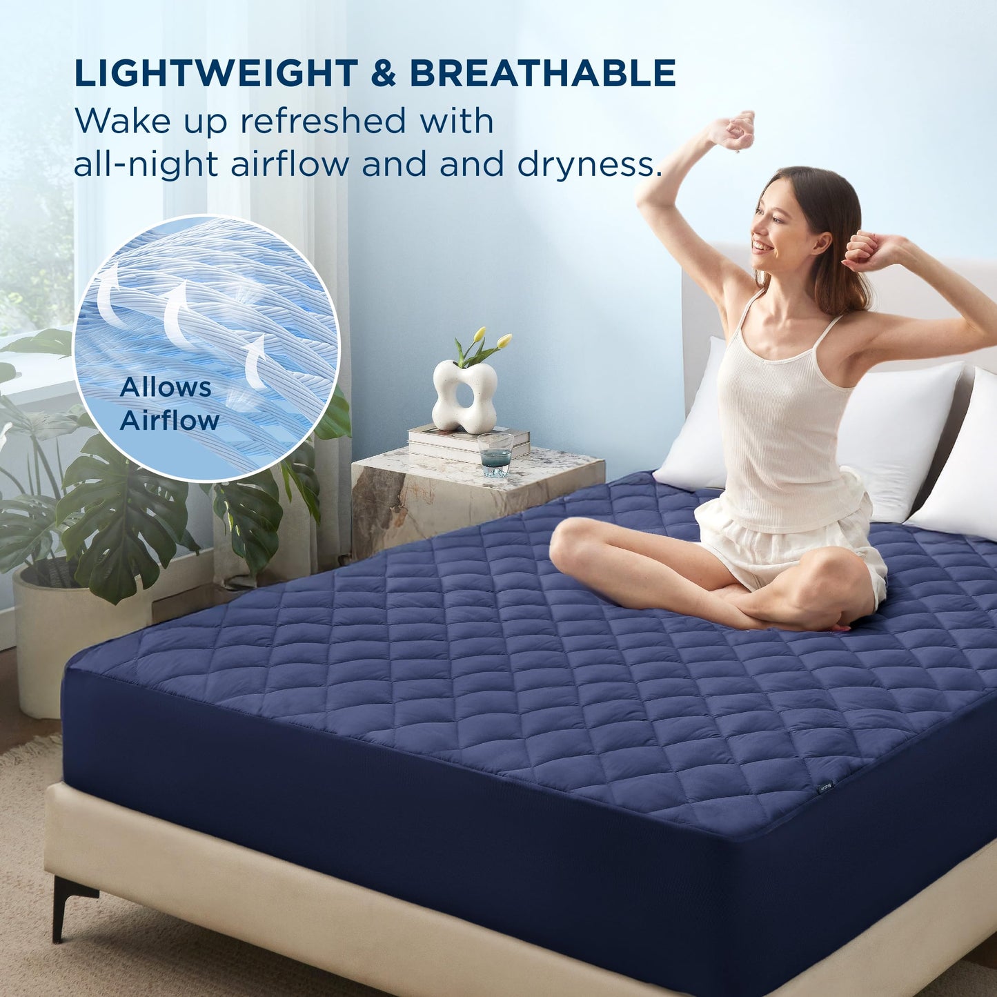 Bedsure Twin XL Mattress Protector, Quilted Waterproof Mattress Pad with Deep Pocket up to 22 Inches, Soft Breathable Noiseless Mattress Topper, Bed Cover for Home Bedroom Hotel – Navy Blue