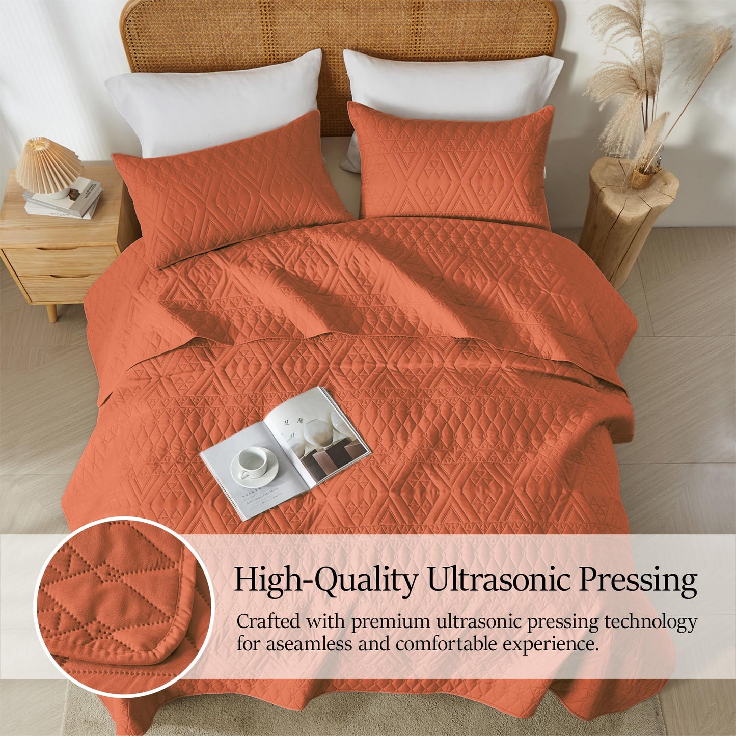 akkialla Full/Queen Size Quilt Bedding Set,Burnt Orange Lightweight Microfiber Soft Bedspread,Modern Style Geoetric Pattern Coverlet Set for All Seasons,3 Piece(1 Quilt,2 Pillow Shams)