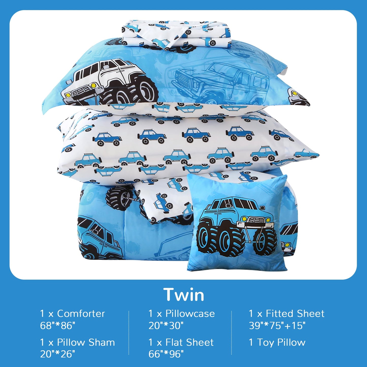 Mooreeke Kids Twin Comforter Sets for Boys 6 Pieces Truck Blue Bedding Set for Teens Soft Microfiber Kids Bed in A Bag with Comforter, Sheet Set, Shams and Decorative Toy Pillow All Season
