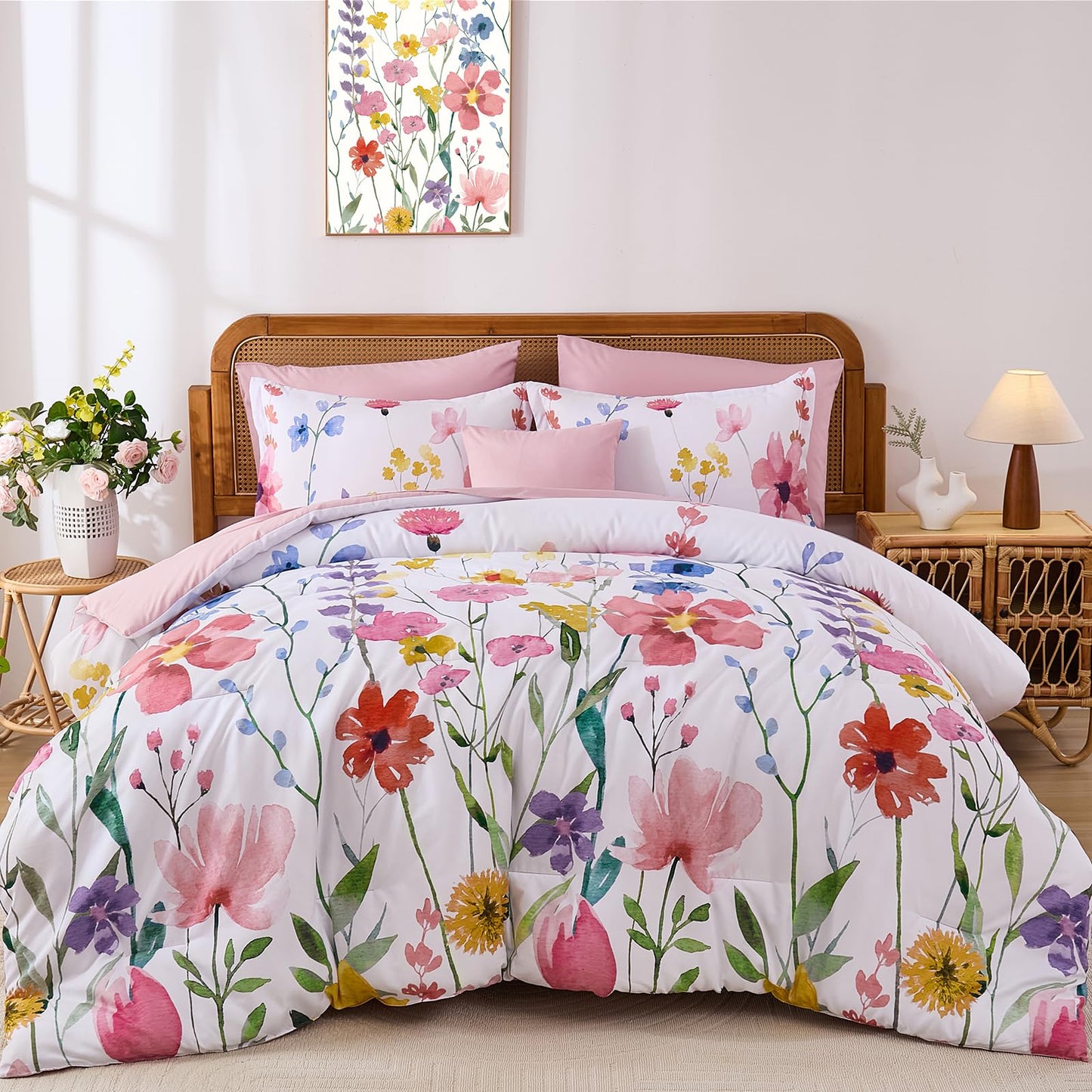Annibedding Pink Floral Queen Comforter Set, 8 Piece Soft Microfiber Flower Bed in a Bag Bedding Set with Pillowcase and Sheets for All Season (90"x90")