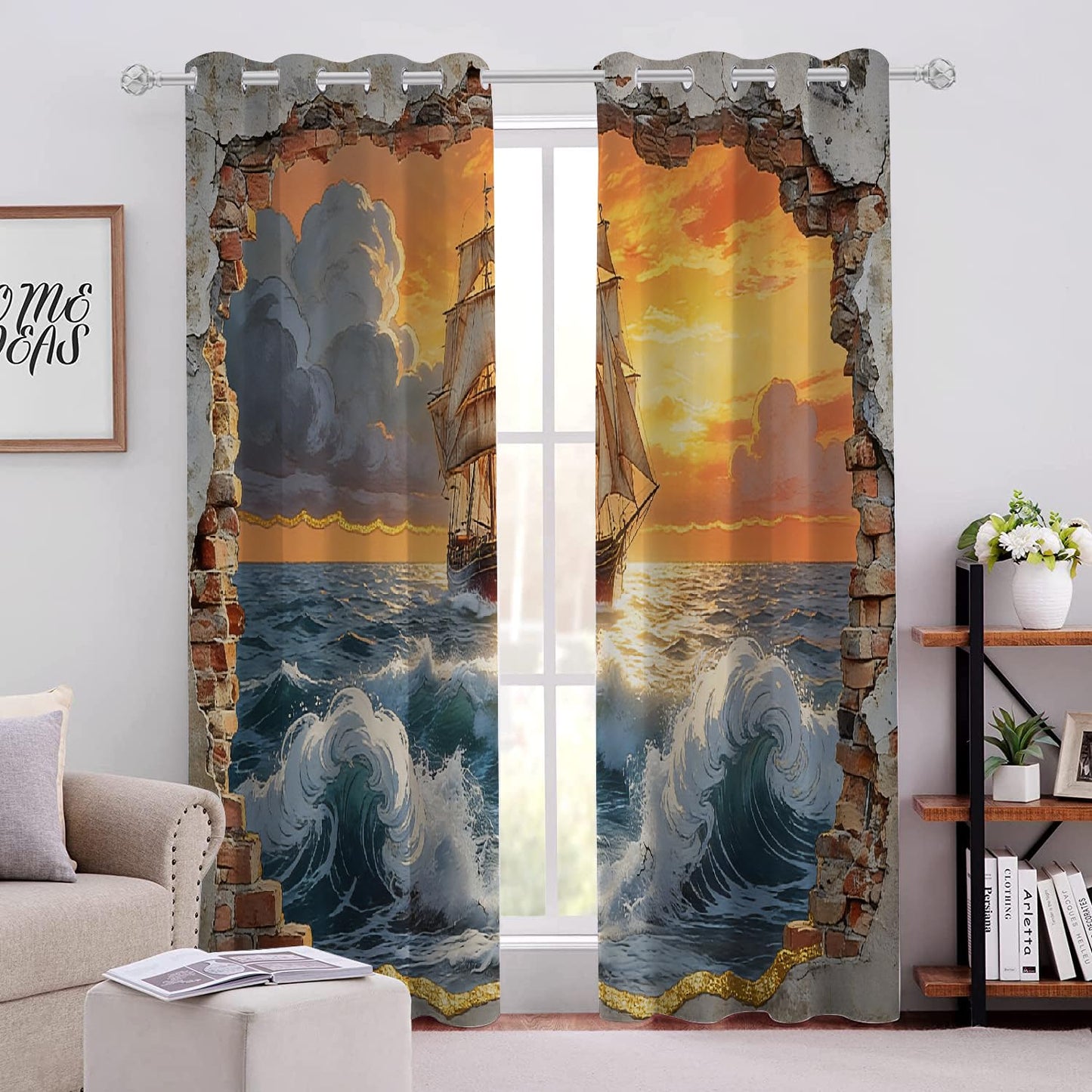 Ocean Sailing Ship Blackout Curtains, Sunset Sky Clouds 3D Print Drapes 2 Panels, Grommet Thermal Insulated Room Window Curtains for Living Room Bedroom Kitchen Cafe(72" W x 72 "L)