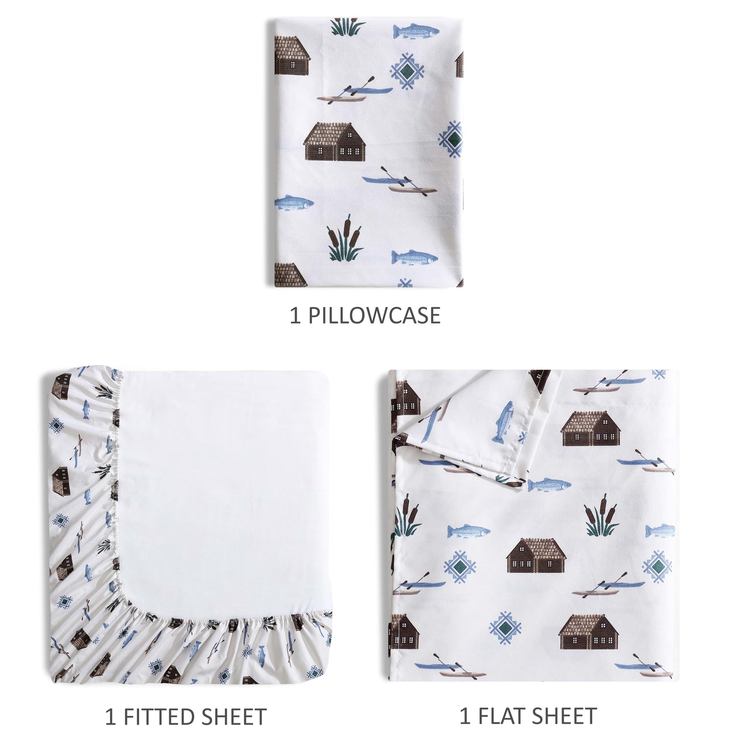 Beatrice Home Fashions Cozy Cabin 3-Piece Twin Microfiber Bedding Sheet Set with Deep Pockets Rustic Patchwork Plaid Deer, Lake Day