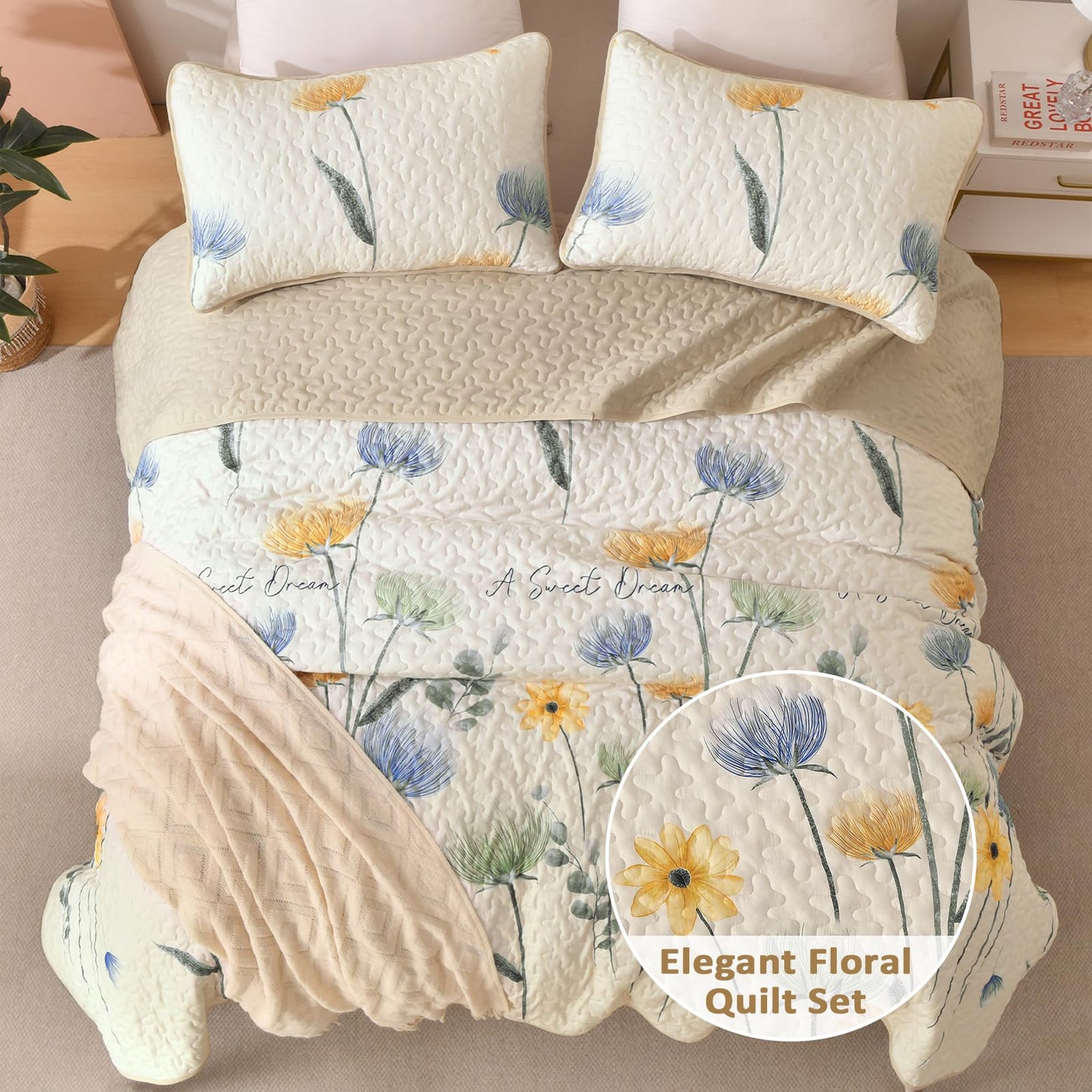 DinjoyBeige Quilt Set Queen,3 Pieces Colorful Floral Printed Bedspread Set,Soft Microfiber Reversible Bedding Coverlet for All Seasons