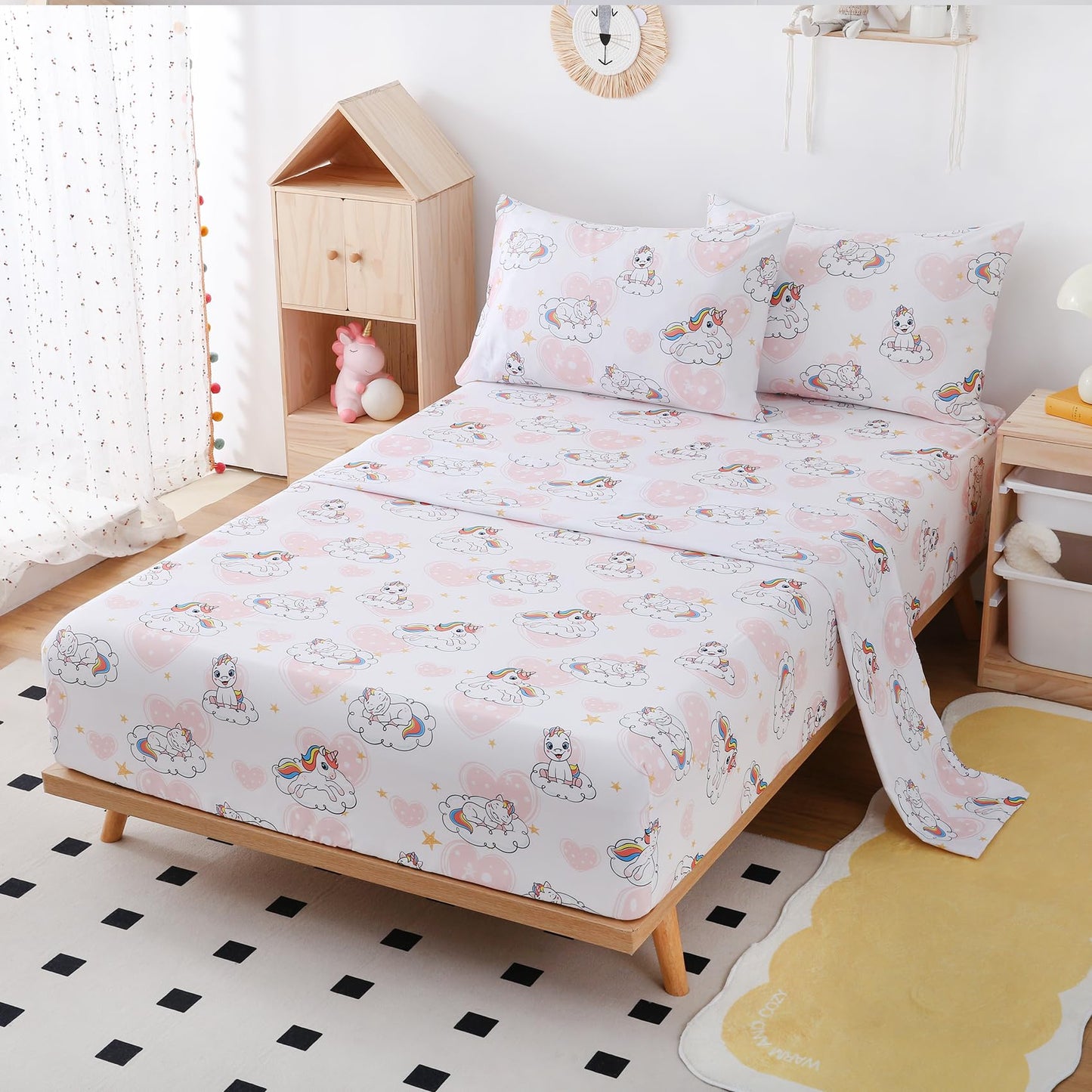 Yibeizi Full Size Sheets Set Kids, Unicorn Pattern Microfiber Double Bed Sheets, Cute Heart Soft Oeko-Tex Extra Deep Pocket Sheets & Pillowcases Cooling Hypoallergenic Wrinkle Free Bedsheets