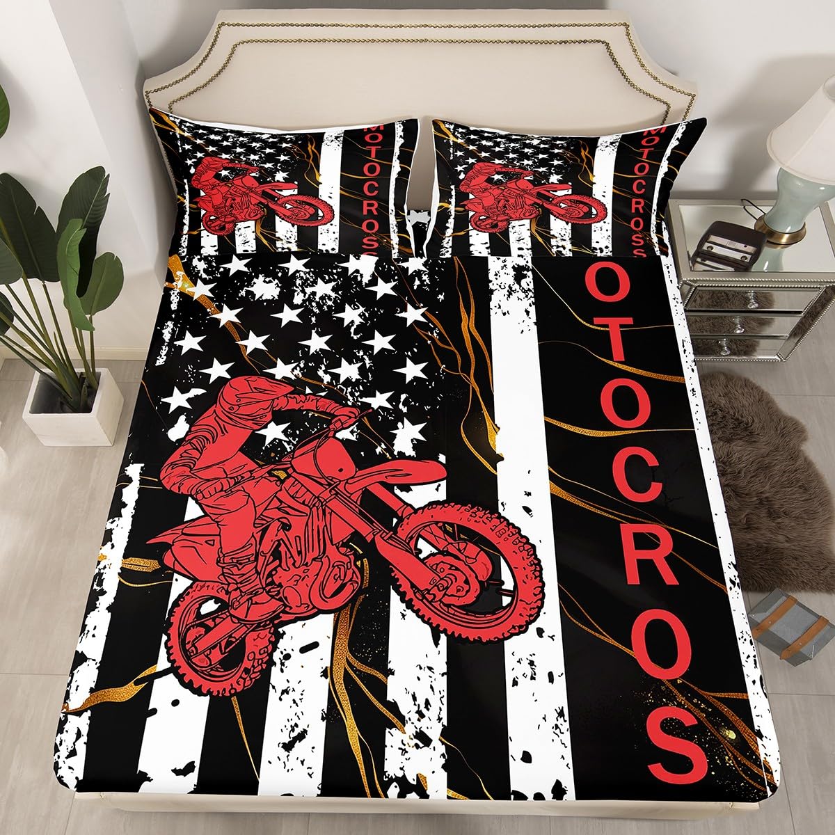 Dirt Bike Fitted Sheet for Teens, American Flag Bedding Set Twin, Motocross Rider Extreme Sport Bed Sheet United States Federations Stars Fitted Bed Sheets for Kids Boys Adult, Black White White
