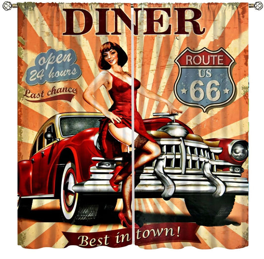 Yearn Jear Retro Car Curtains Vintage Garage Girl 1960S Mechanic Classic Signboard Printed Window Drapes for Bedroom Living Room Cafe Decor W42xL45in Decor