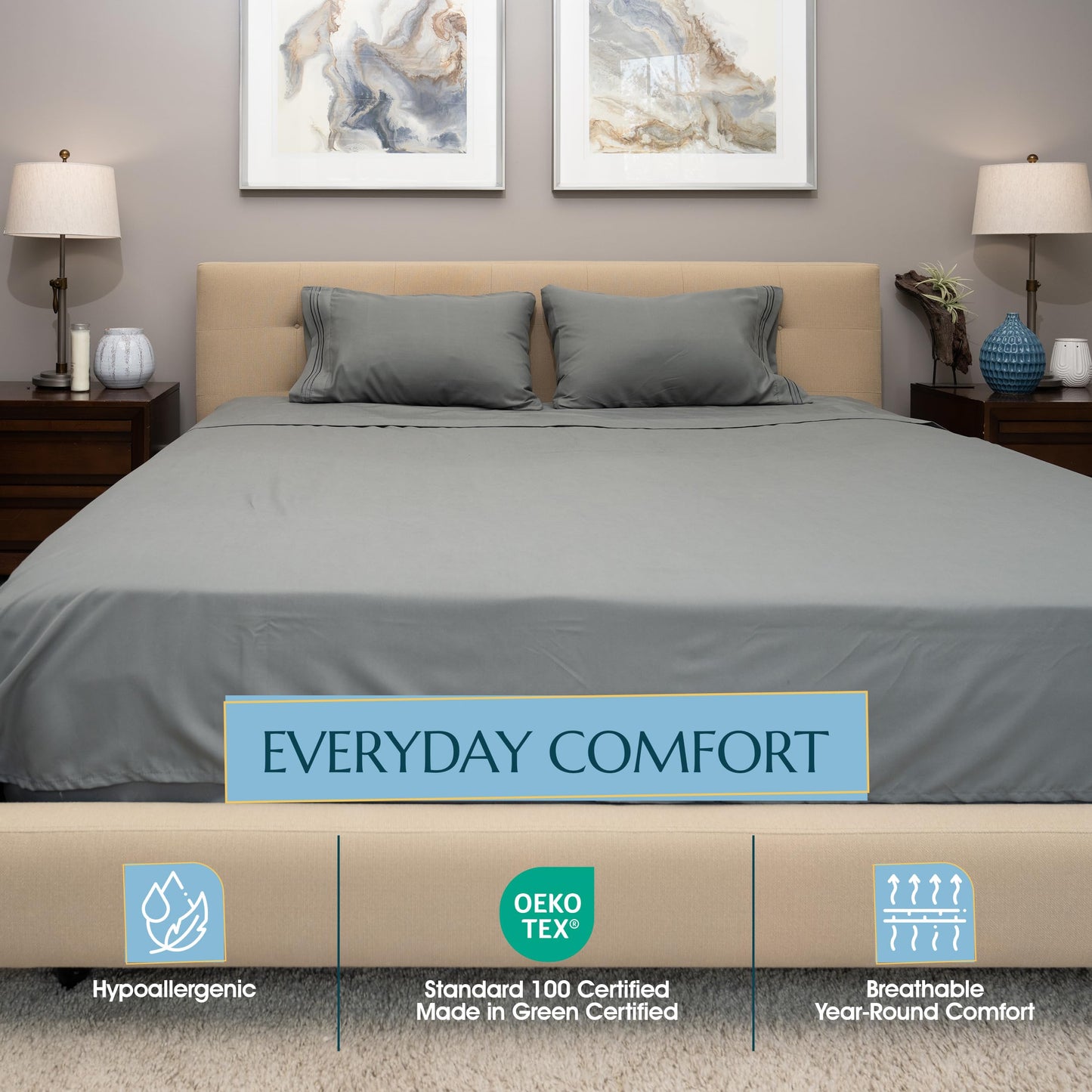 Stych & Loom Queen Sheet Set – 4-Piece Soft Microfiber Sheets Set with Flat & Fitted Sheets and 2 Pillowcases – Deep Pockets, Wrinkle Resistant, and Oeko-TEX Certified (Gray, Queen)