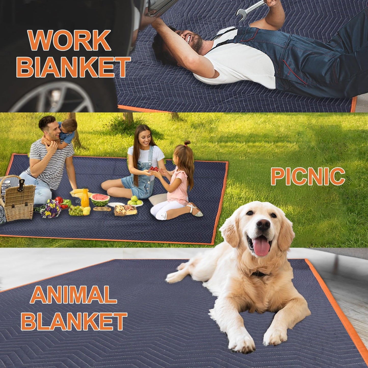 YMTLJHDSY 2 Moving Blankets 72x80in with 1 Elastic Rubber Band (196in Extendable to 400in) – Durable Quilted Moving Blanket-Heavy Duty Shipping Blankets (Total Weight 8.8 lbs,Black/Blue)