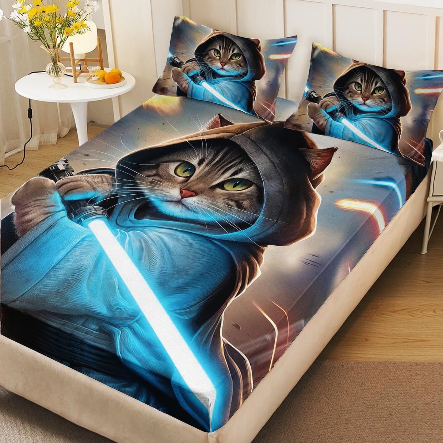 AILONEN 3D Cat Fitted Sheet Set Twin Size, Funny Swordsman Kitten for Kids,Boys,Kawaii Kitten Animal Bed Sheet Set,3-Pieces,1 Sheet Set with 2 Pillowcases,Breathable