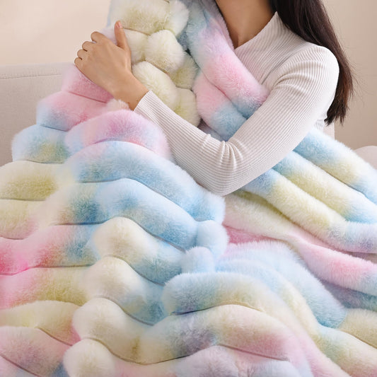 Smoofy Fluffy Faux Fur Throw Blanket - Super Soft Thick Plush Cozy Fuzzy Rabbit Fur, Luxury Warm Fleece Stripe Blanket for Couch, Sofa, Room Decor Gift for Women, Colorful Rainbow Throw, 50x60