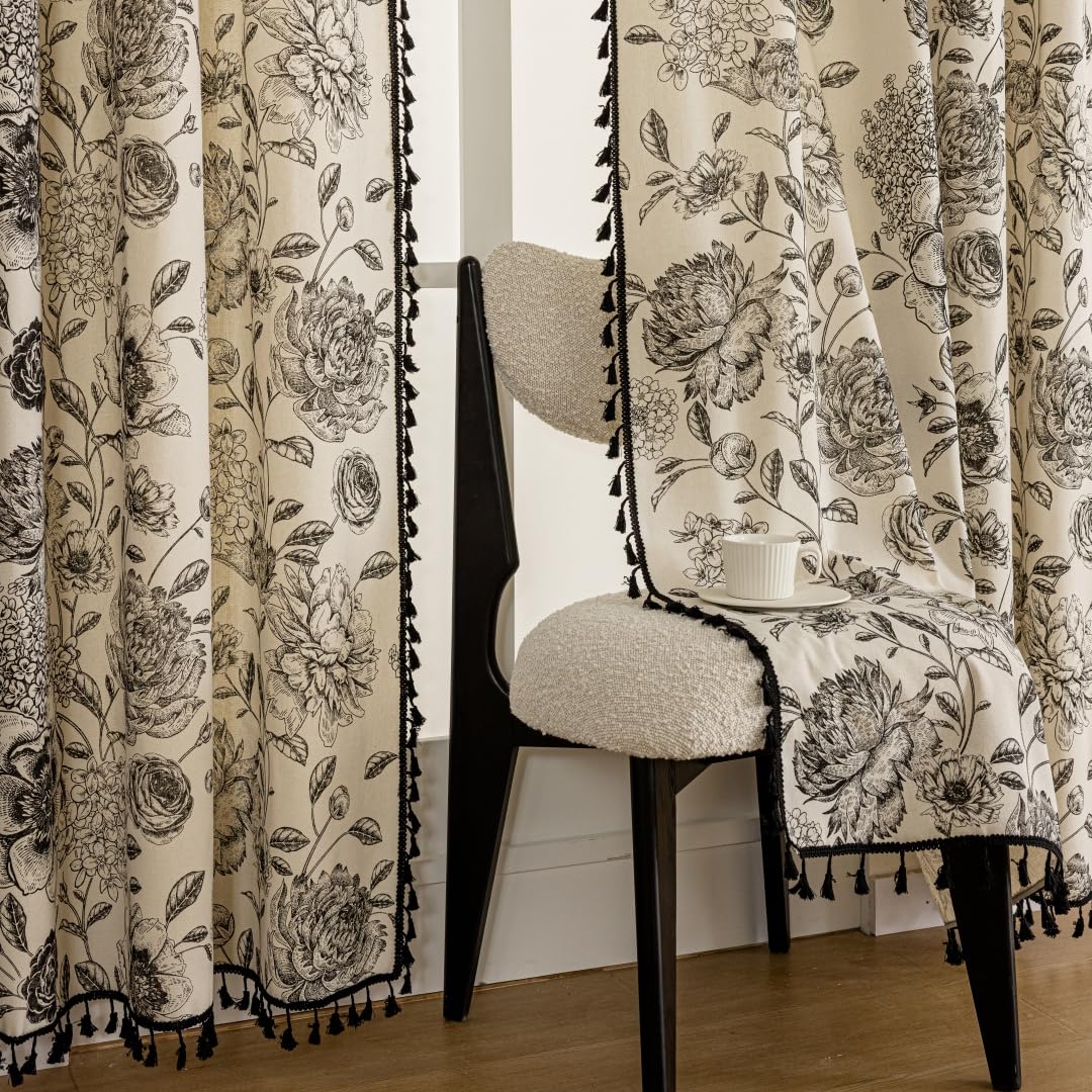 F-CHU Black Floral Farmhouse Curtains Living Room Drapes 84 Inch Length Cotton Linen Boho Window Curtain with Tassel Rod Pocket Bedroom Macrame Drapes Flower Curtains, 2 Panel