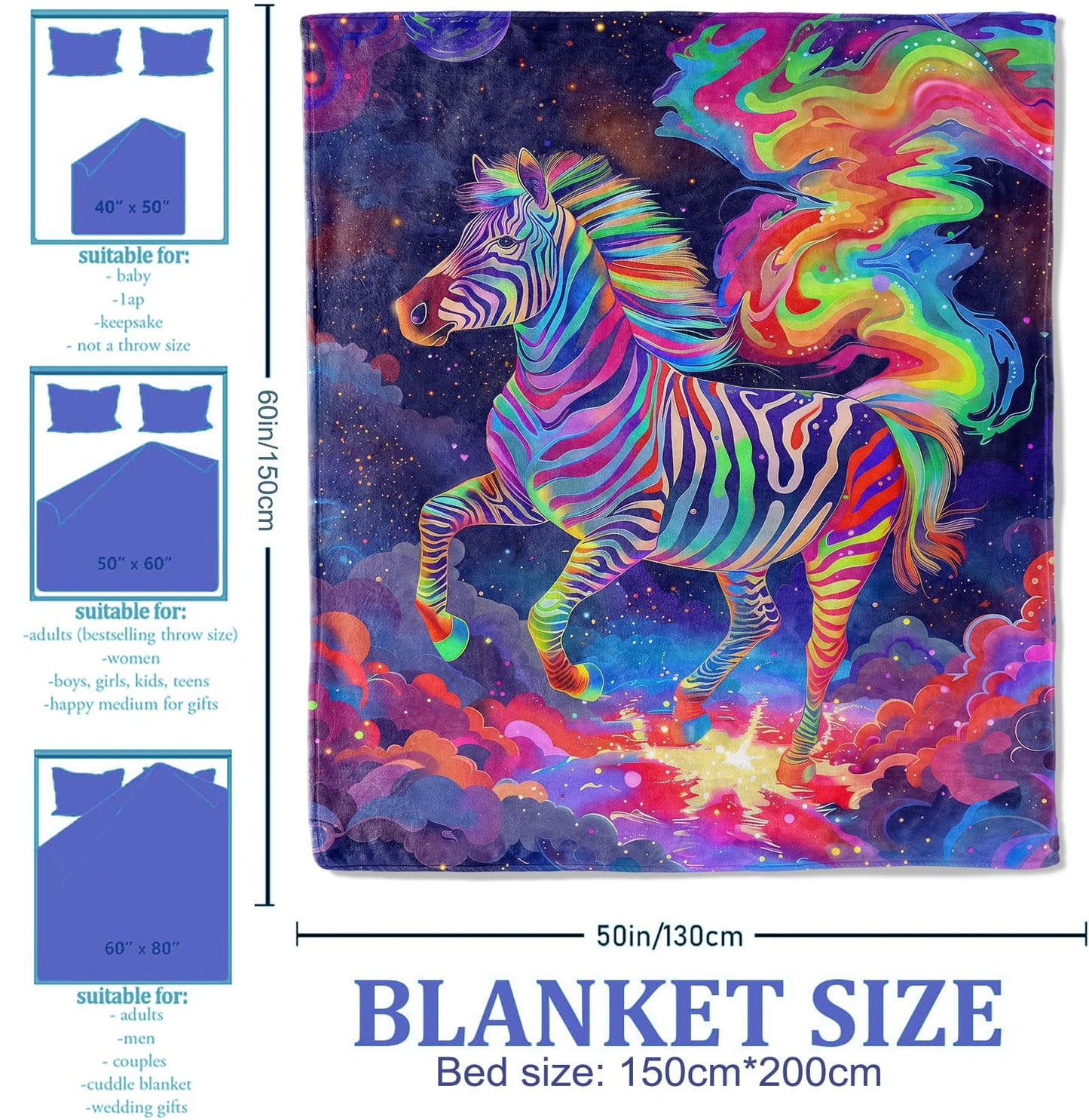 Plistiz Rainbow Zebra Throw Blanket 50"x60", Animals Theme Blankets for Living Room Couch, Home, Sofa Decor, Soft Flannel Zebra Gifts for Women