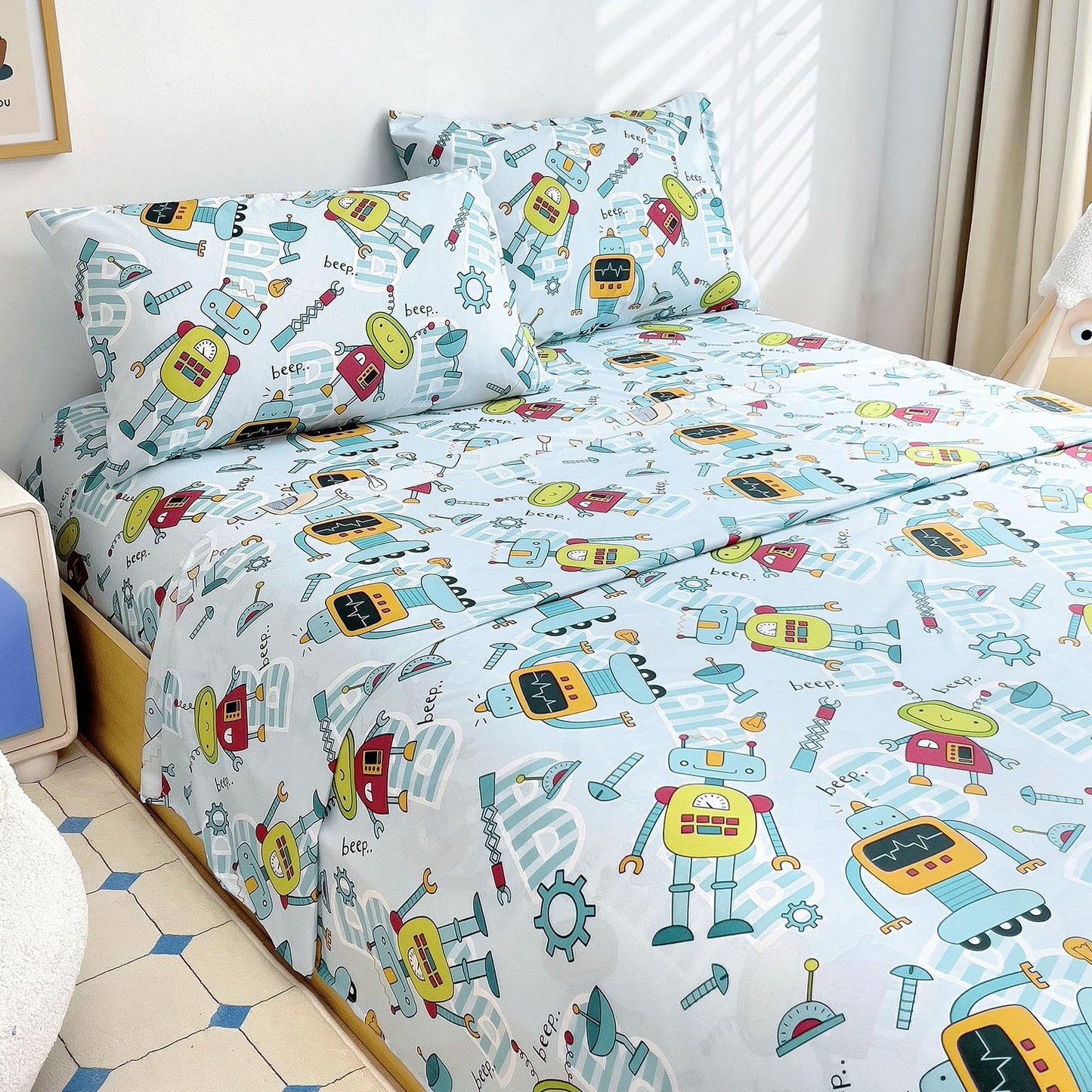 Homilay Full Sheet Set Kids - Old-Fashioned Robot 4 Pieces Soft Microfiber Cartoon Style Bedsheets for Boys Girls Teens, Oeko TEX Breathable 15 Inch Deep Pocket Sheets(Robot)