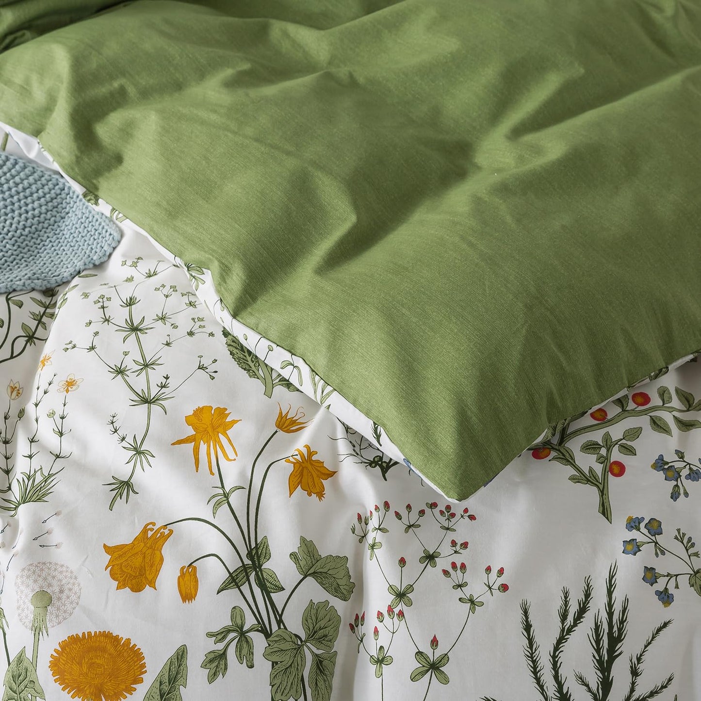 Zusbest Floral Duvet Cover King 100% Percale Cotton Botanical Garden Flower Printed Bedding Reversible Green Yellow Leaves Pattern Comforter Covers French Country Bedding Soft 3Pcs-Not Comforter