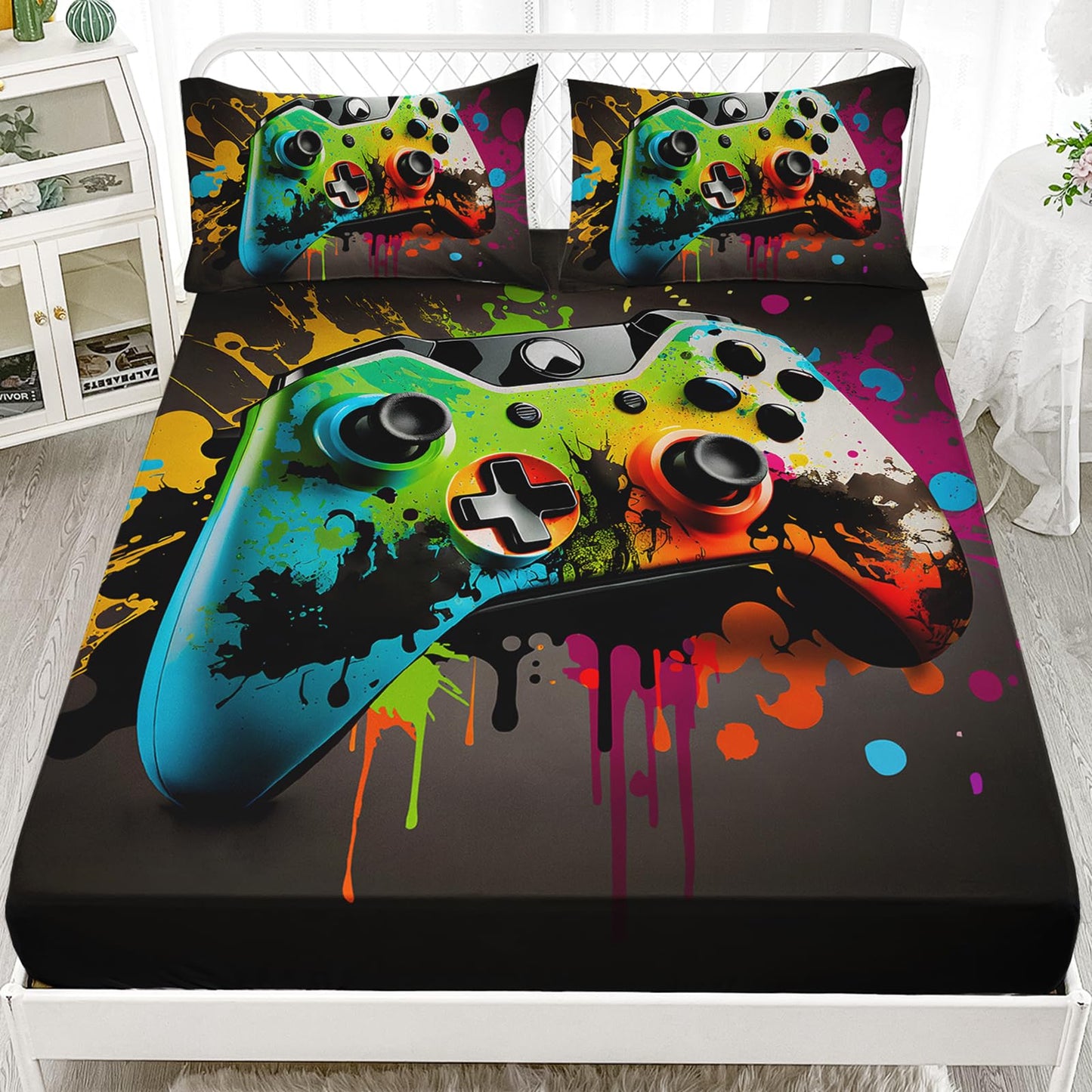AILONEN Gaming Gamer Bedding Sheets Full Size,Graffiti Hip Hop Video Game Controller Gamepad Fitted Sheet with 2 Pillowcases,3Pcs