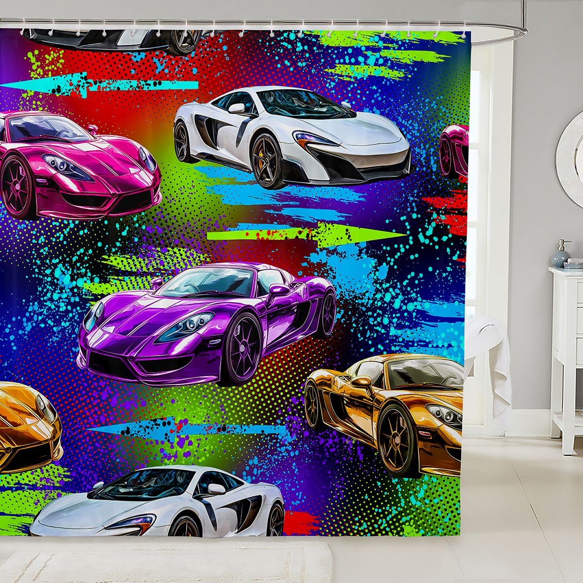 Feelyou Boys Sports Car Shower Curtain for Bathroom Decor Racing Car Bath Curtain for Stalls Bathtubs Extreme Sports Bathroom Accessories Automobile Waterproof Polyester Fabric with 12 Hooks 72"x72"