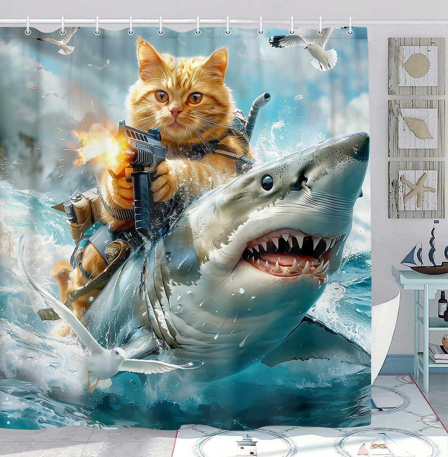 JAWO Funny Cat Shower Curtain, Riding Shark Theme Ocean Nautical Kids Bathroom Decor, Cute Cool Cat Fabric Curtain With Hooks, 70x70IN