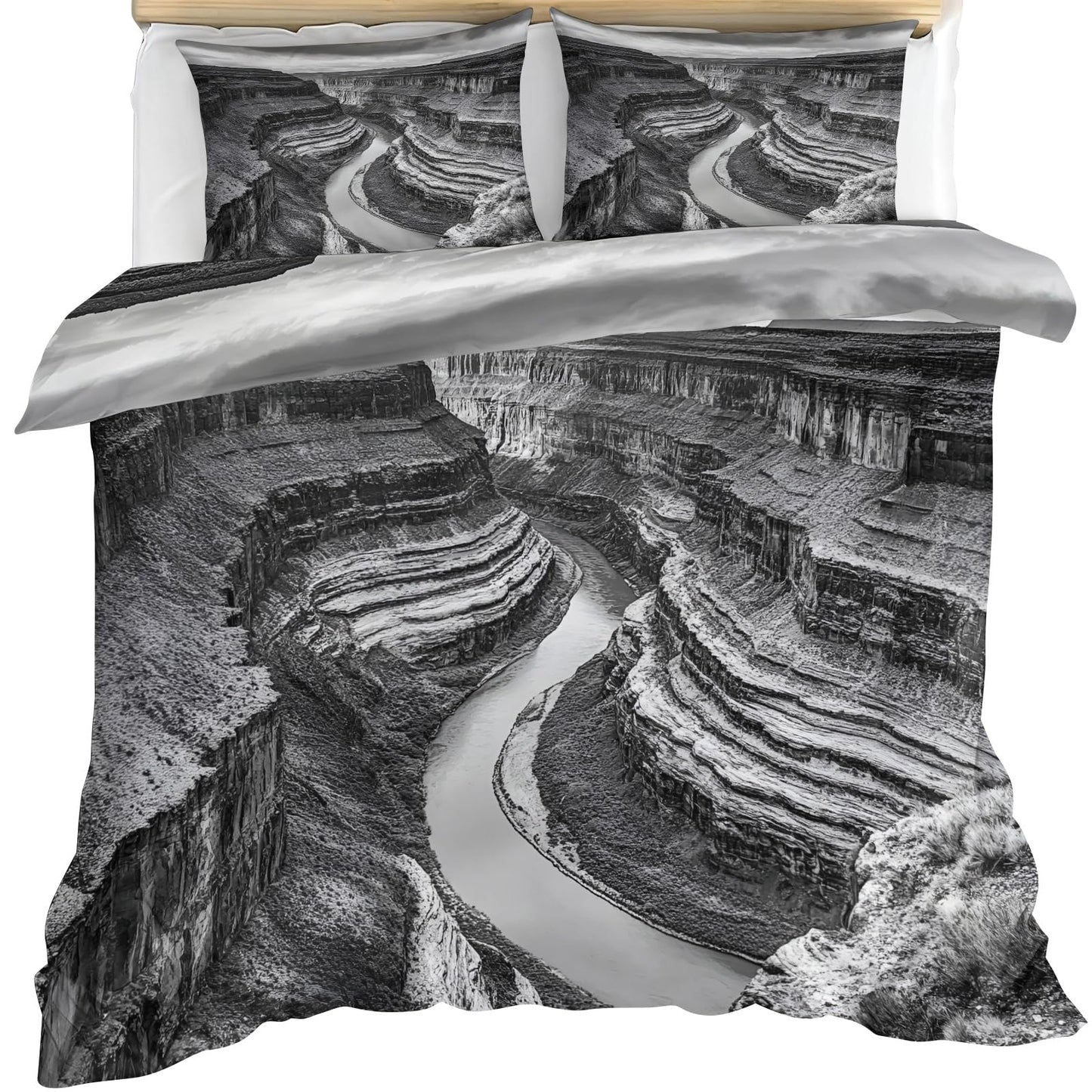 PAISUOQ Landscape Duvet Cover Full Size, Canyon Landscape Bedding, 3 Piece, Soft Microfiber Patterned Comforter Cover with Zipper Ties & 2 Pillowcase, Gray Bedroom Decor & Gifts