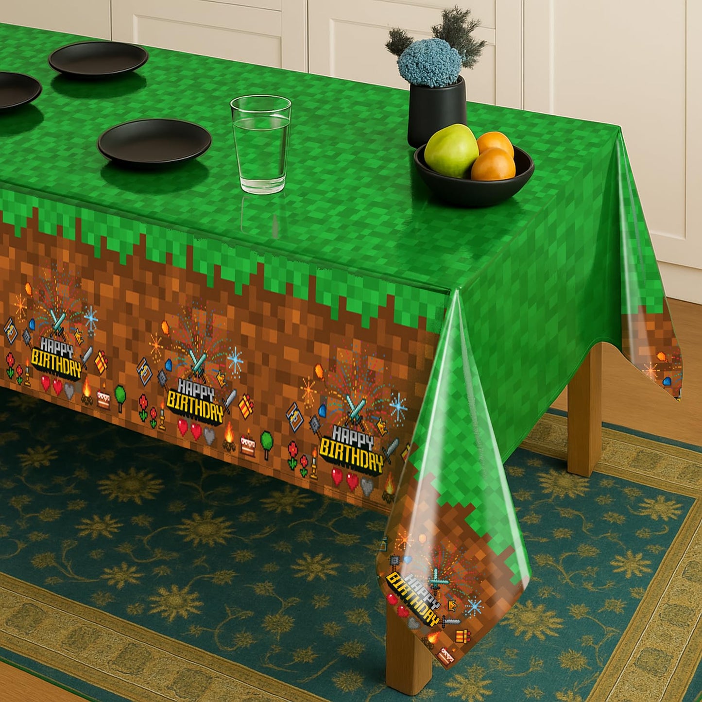 iCrius Pixel Design Party Tablecloths - 6 Piece Set - 54"x108" Oversized - Ideal for Craft Mining Theme Parties & Gamer Decor