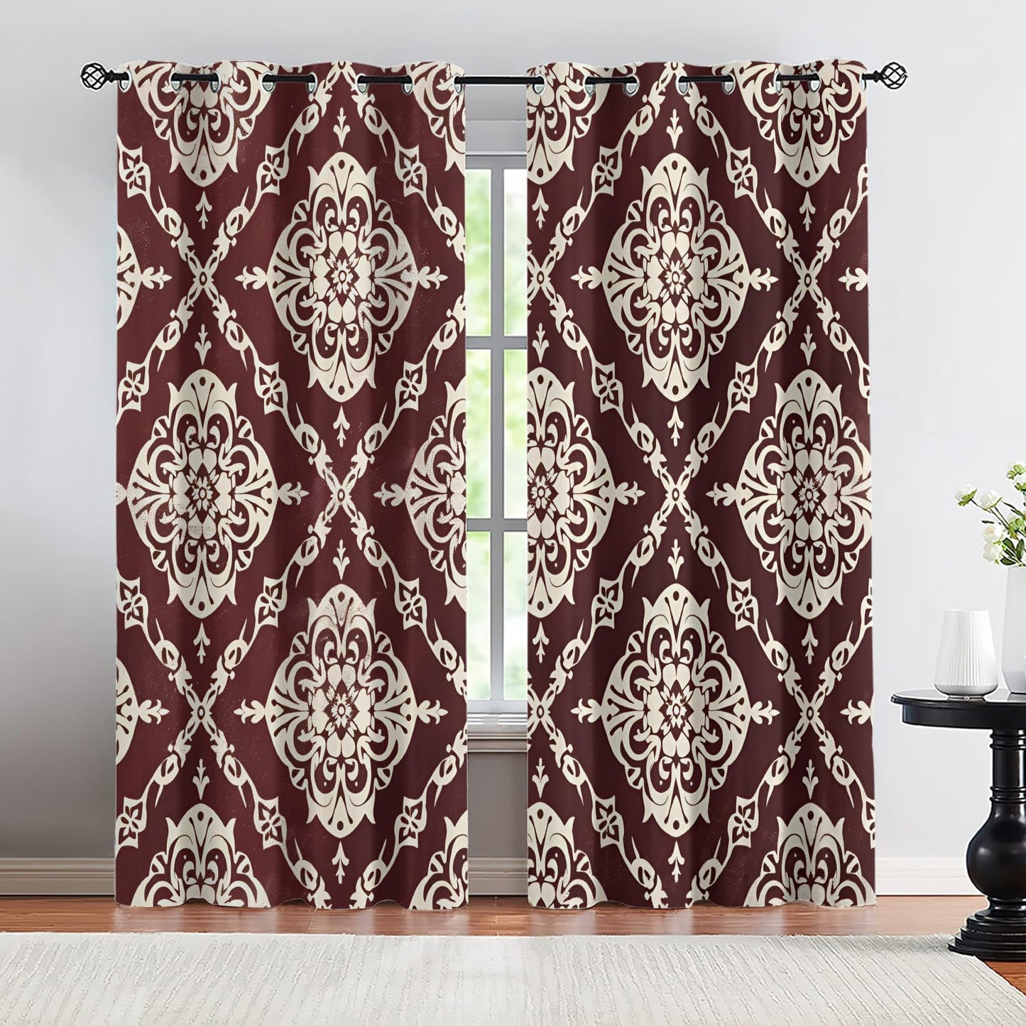 XAFIAUR Floral Blackout Curtains Traditional Patterns Print Curtain, Rhombus Art Drapes for Kids Bedroom Play Room 2 Panels Darkening Grommets Window Treatment 31.5" W x 63" L x2
