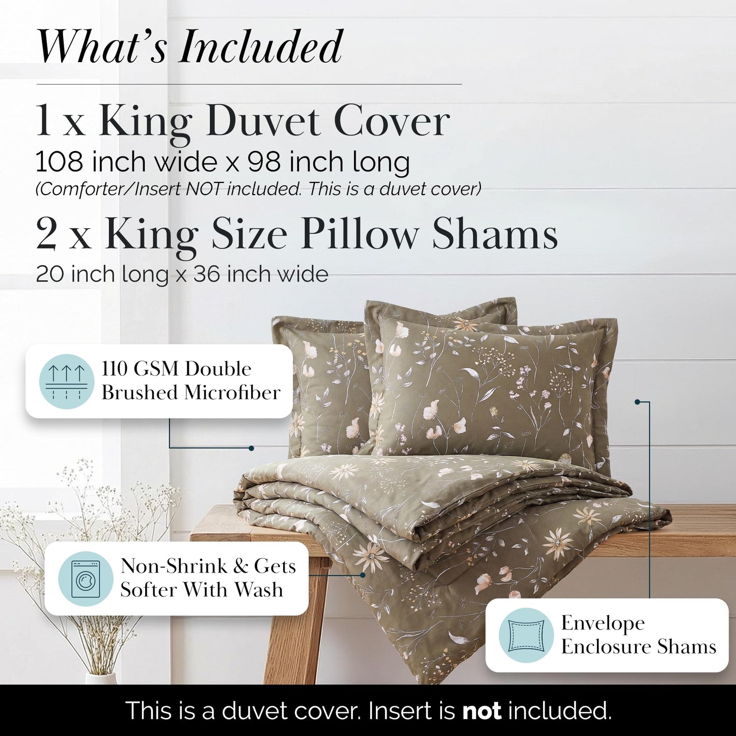 Southshore Fine Living, Inc. Oversized Floral Cal King Duvet Cover Set, Oversized Boho Brown Duvet Cover King, Pet Hair Resistant Bedding for Easy Care, 2 Pillow Shams - Secret Meadow Olive-Brown