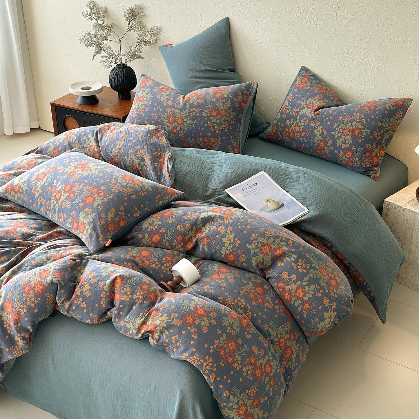 VM VOUGEMARKET Rustic Double Layer Gauze Jacquard Duvet Cover Queen, Dusty Slate Blue with Retro Orange Floral Print, Soft Breathable Boho Comforter Cover with Zipper&Ties