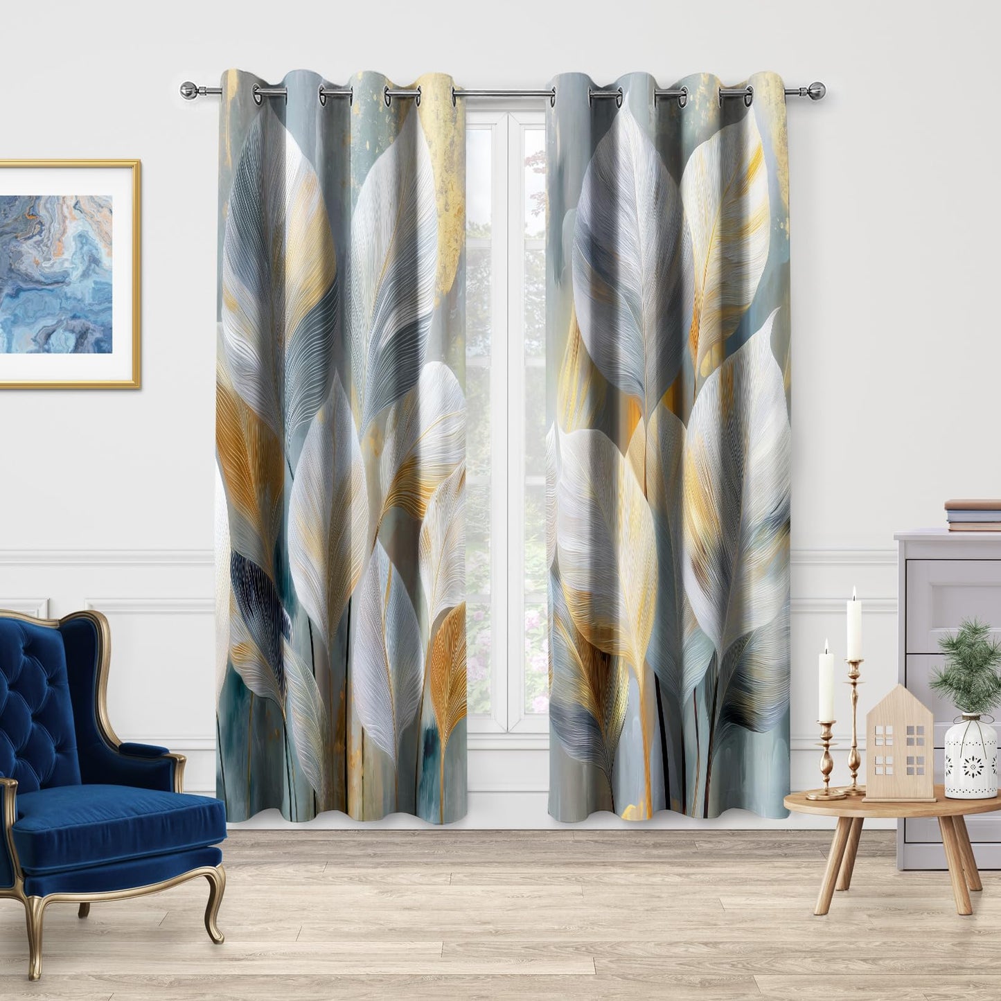 Jekeno Leaf Curtains Abstract Botanical for Bedroom Living Room Decor Natural Curtain Blackout Gold Foil Theme Modern Flower Grommet Window Drapes Luxe Foliage Graphic Art 2 Panel Set (52x84 Inch)