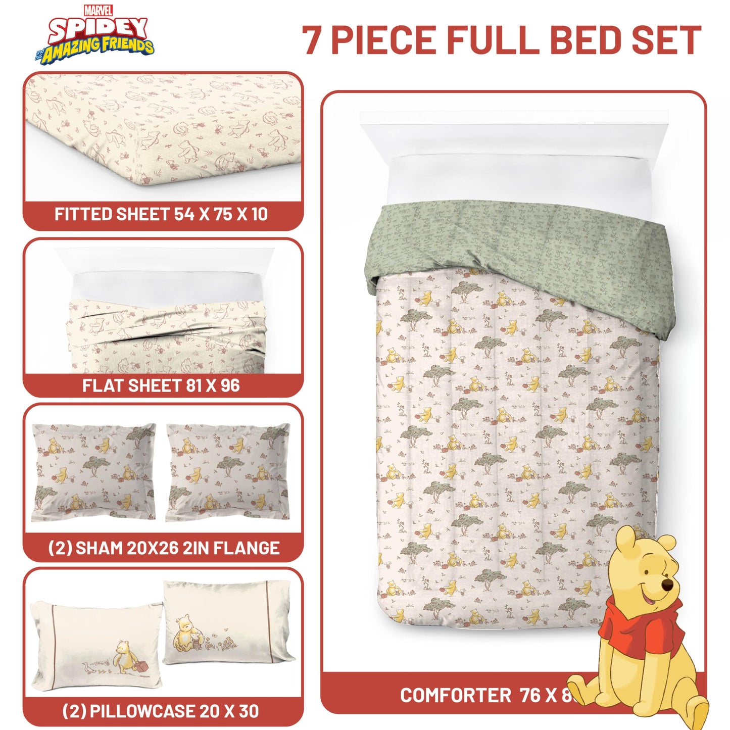 Jay Franco Kids Bed Set, Beige, Winnie The Pooh, 7 Piece Full
