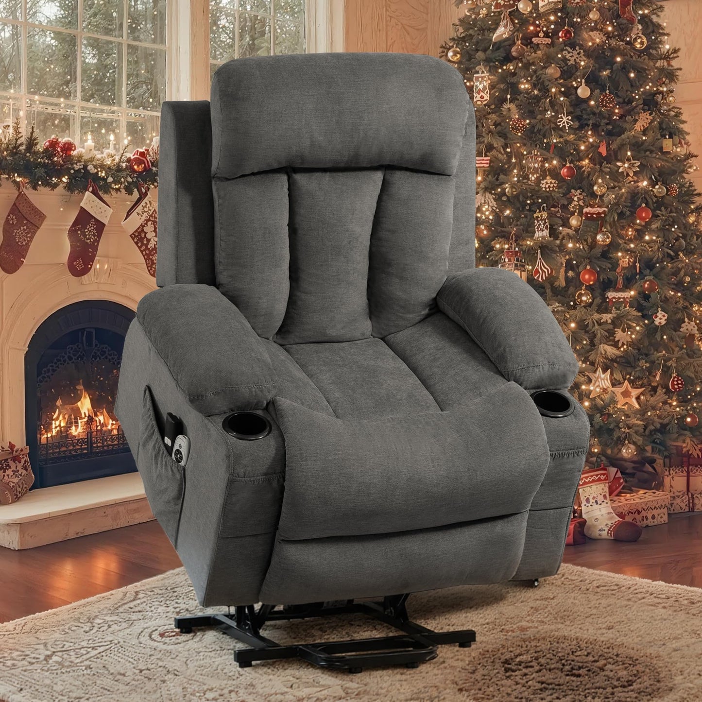 WENTUM Lift Chair for Elderly with 8 Vibration Points Massage and Heat, Power Electric Recliner Featuring Cup Holders Side Pockets & USB Charge Port for Living Room, Grey