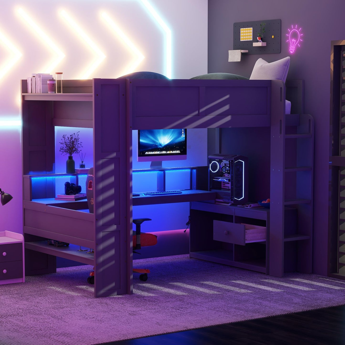 HRJHLucky Full Size Wood Gaming Loft Bed with Desk, Storage Shelves, LED and Charging Station (Full)