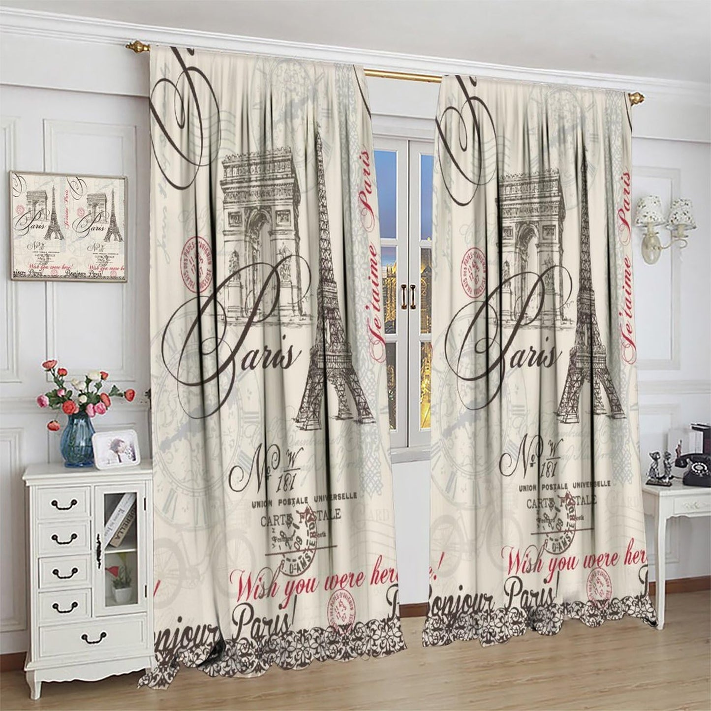 VUMIVI Vintage Stamps Curtains Paris Eiffel Tower Arc De Triomphe Postmarks Blessings Window Treatments for Bedroom Living Room Office Kitchen 42" W X 44.5" L
