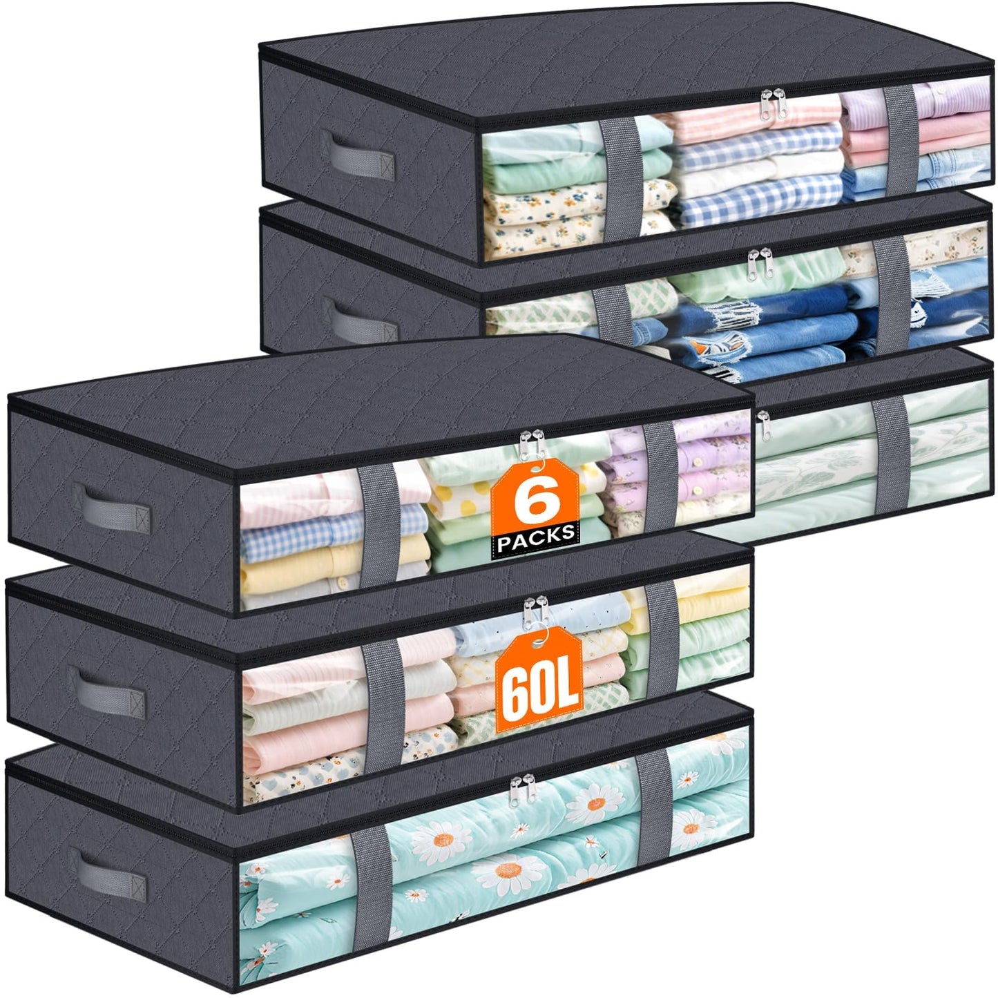 TasticTotes Under Bed Storage Containers, 6 Pack Blanket Storage Bags, Collapsible Storage Bags with Big Zippers, Clear Front, Shoe Storage and Organization for Clothes, Comforter, 60L, Grey